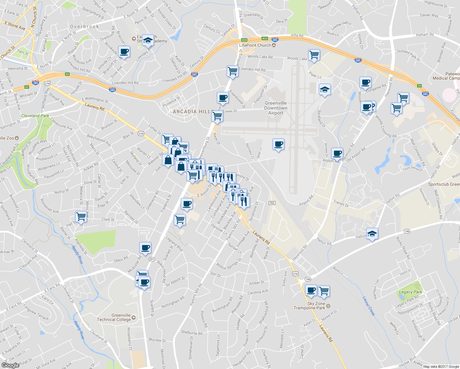 map of restaurants, bars, coffee shops, grocery stores, and more near 1607 Laurens Road in Greenville