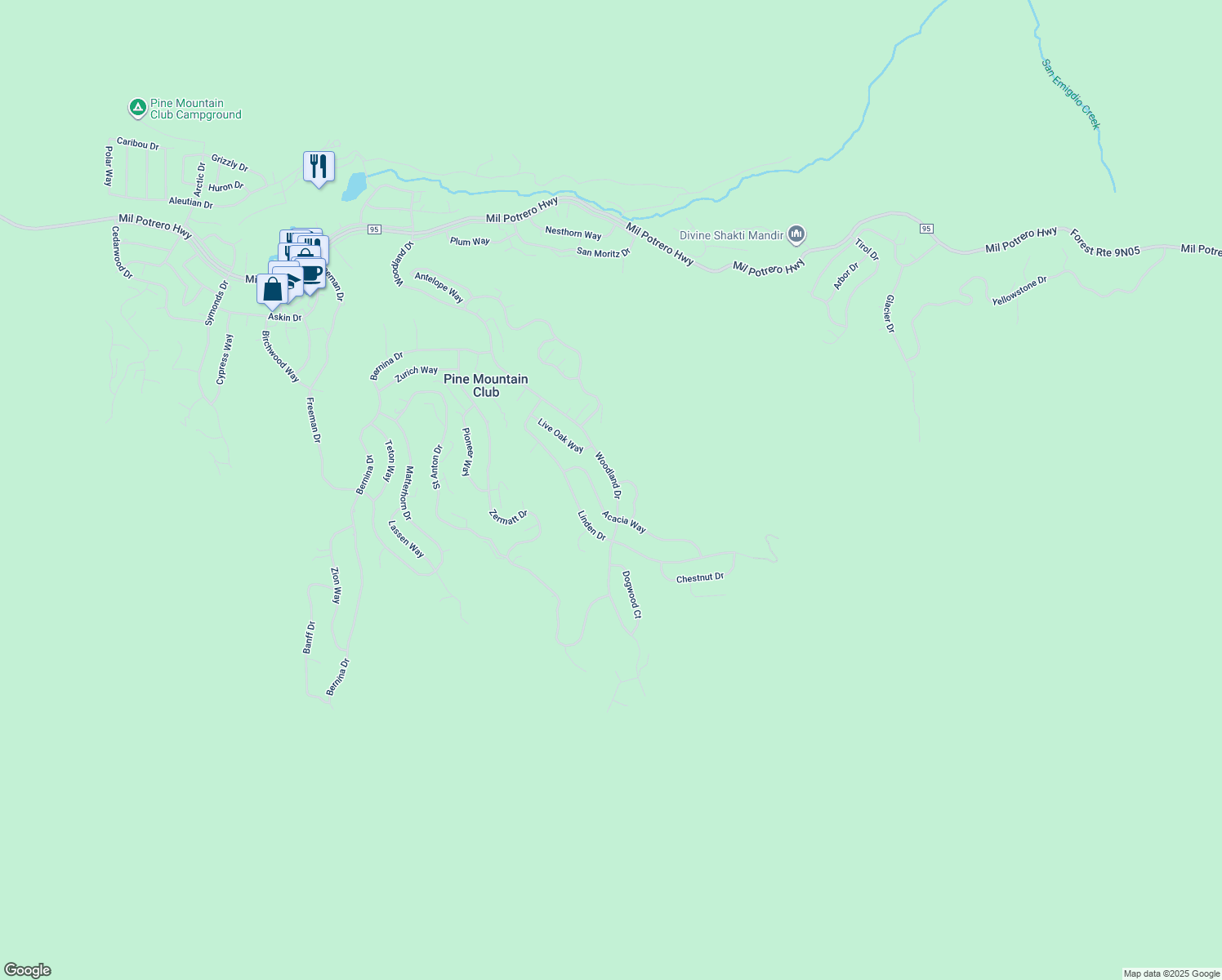 map of restaurants, bars, coffee shops, grocery stores, and more near 1813 Woodland Drive in Frazier Park