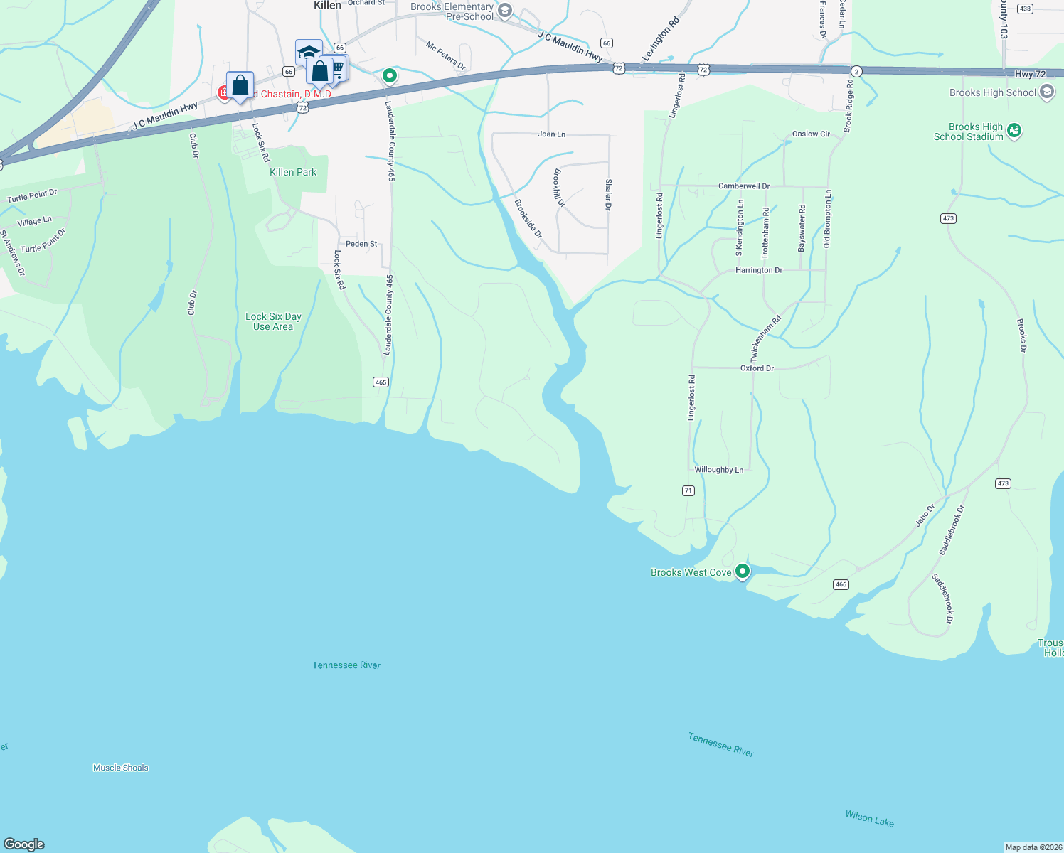 map of restaurants, bars, coffee shops, grocery stores, and more near Turtle Cove Road in Killen