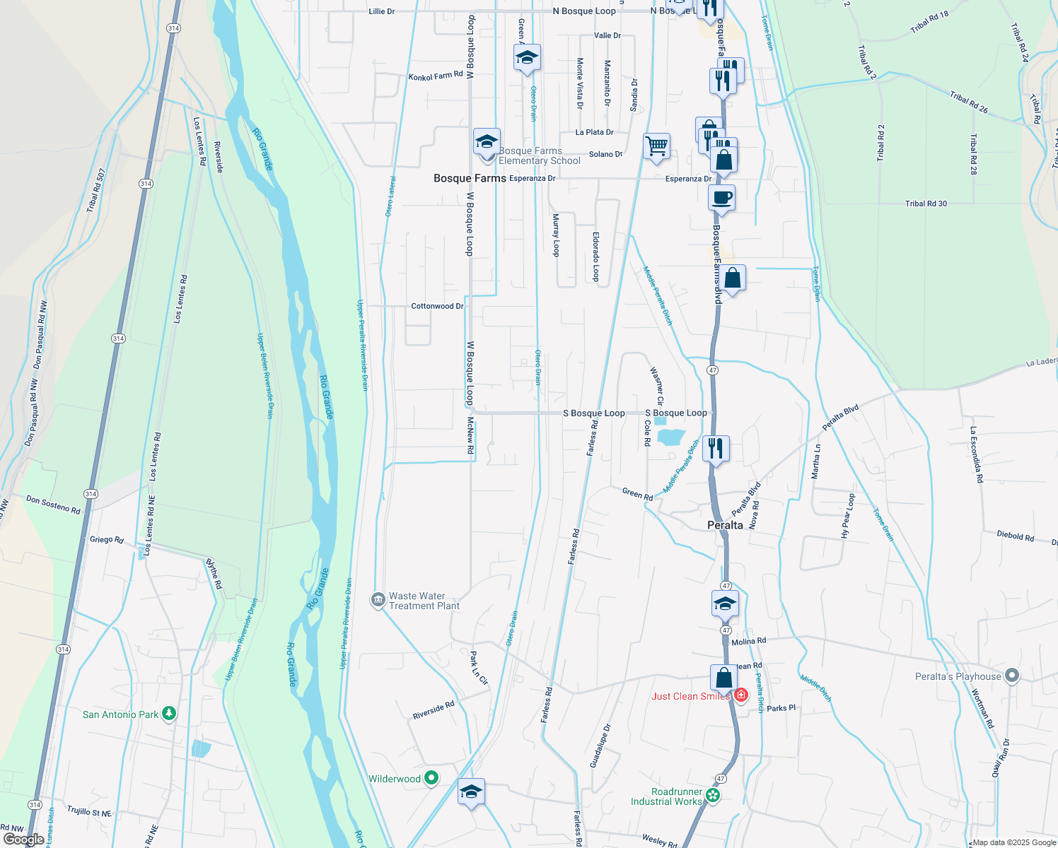 map of restaurants, bars, coffee shops, grocery stores, and more near 2215 Margaret Dr in Bosque Farms