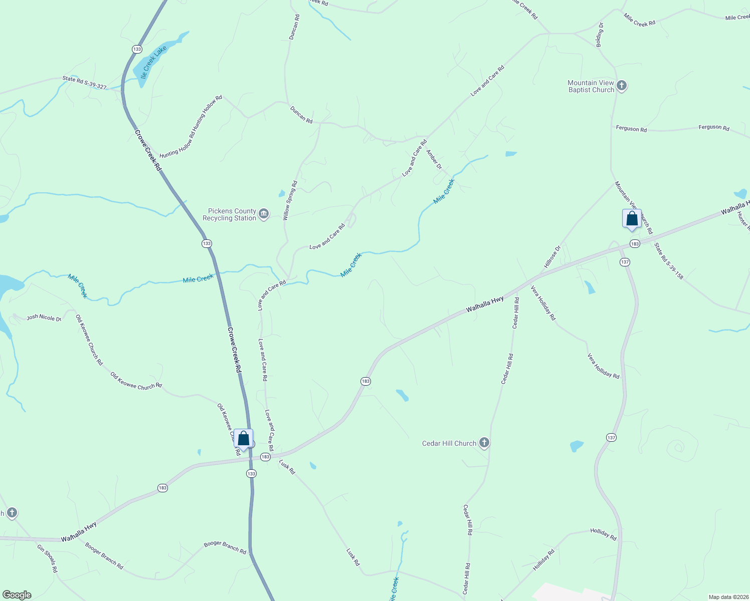 map of restaurants, bars, coffee shops, grocery stores, and more near 2956 Walhalla Highway in Six Mile