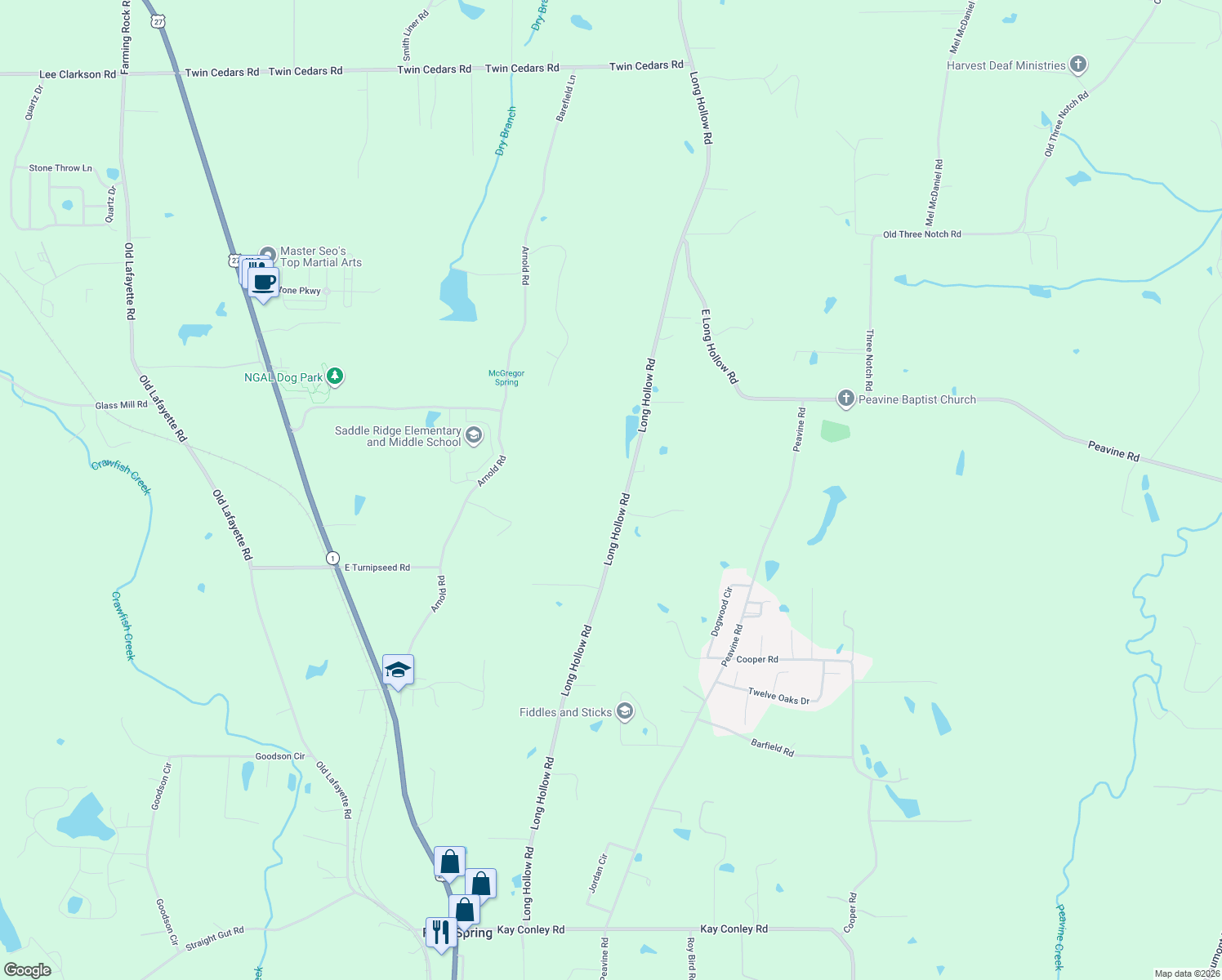 map of restaurants, bars, coffee shops, grocery stores, and more near 788 Long Hollow Road in Rock Spring