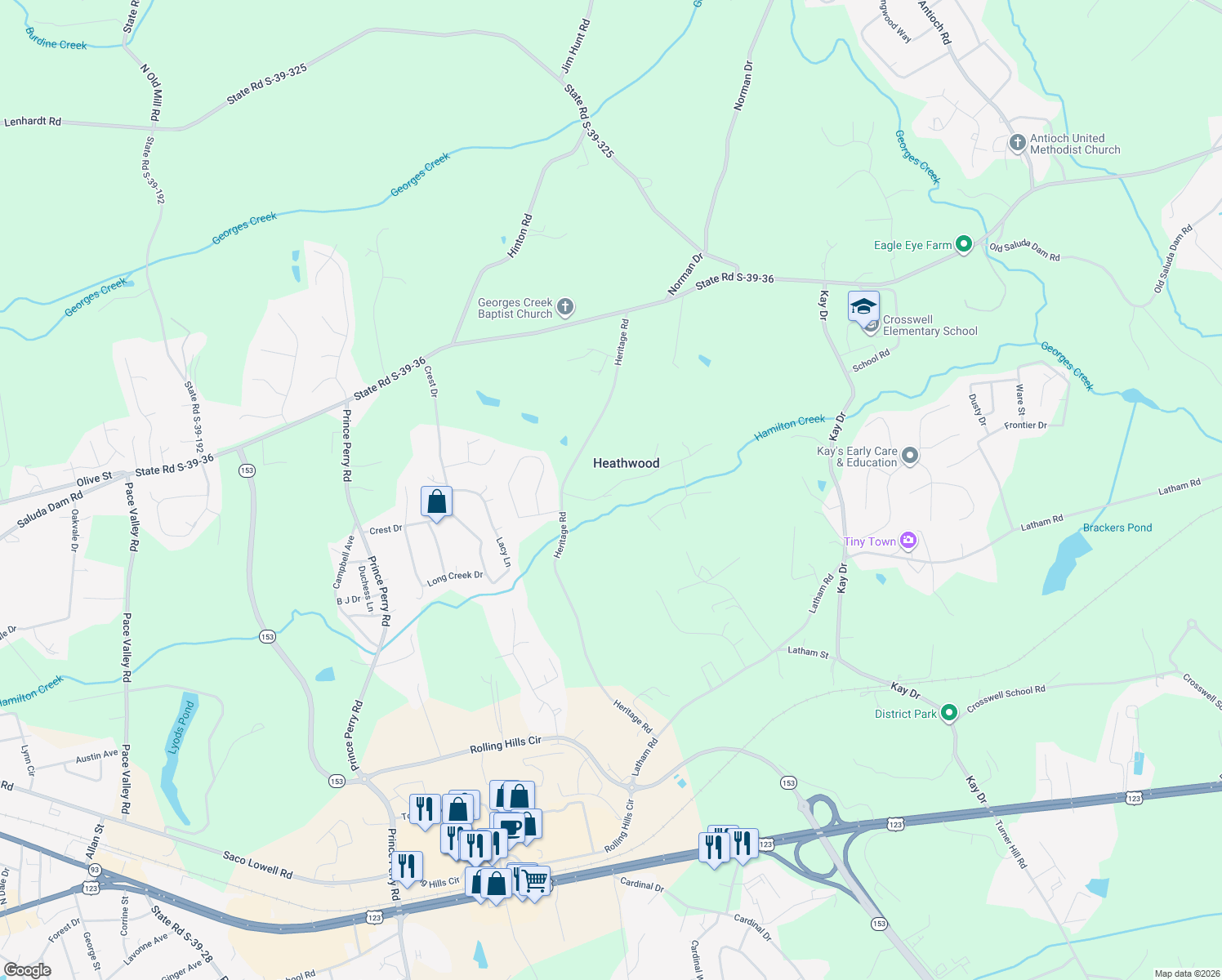map of restaurants, bars, coffee shops, grocery stores, and more near 130 Perry Bend Circle in Easley