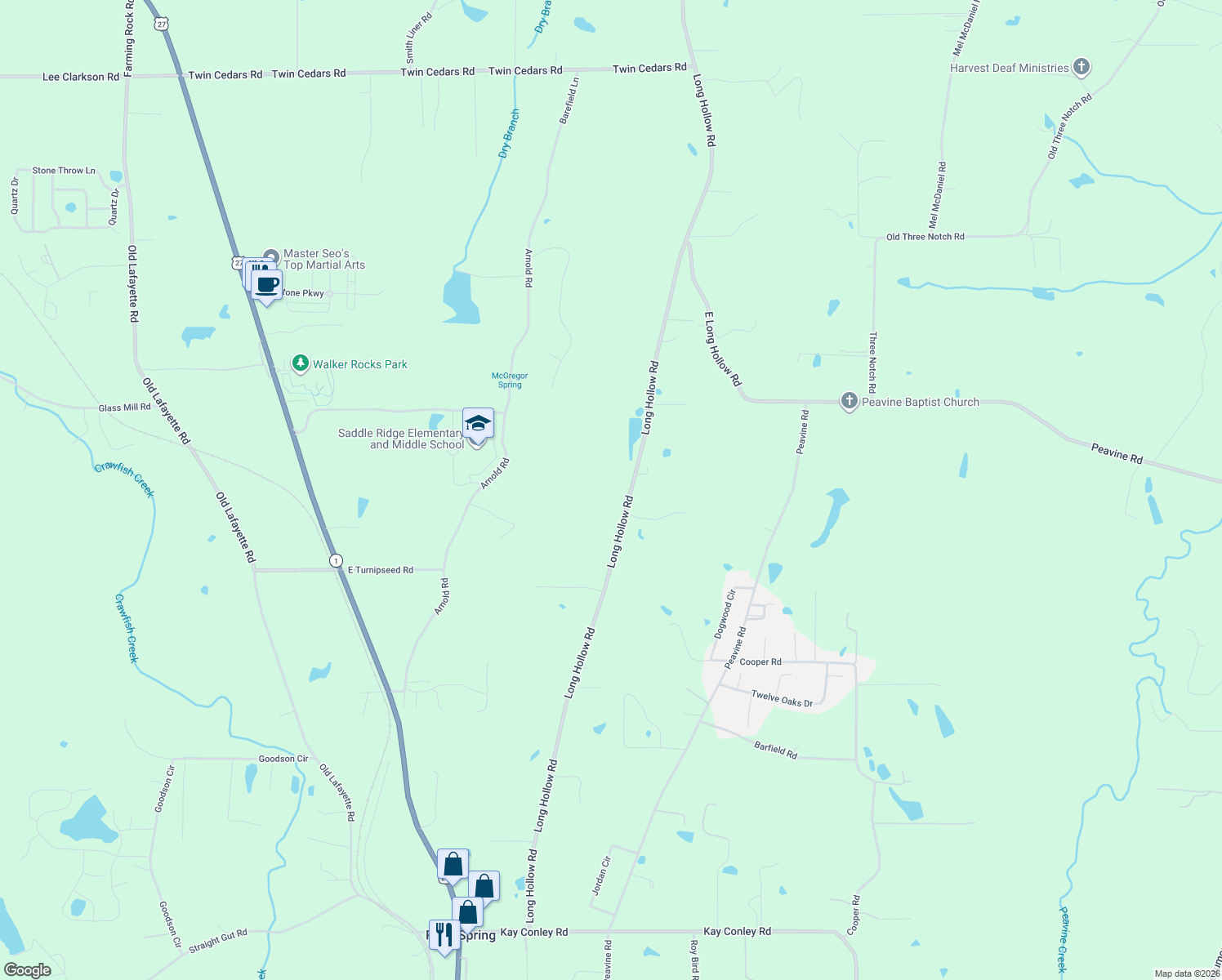 map of restaurants, bars, coffee shops, grocery stores, and more near 788 Long Hollow Road in Rock Spring