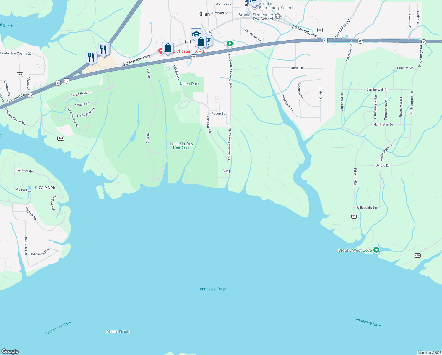 map of restaurants, bars, coffee shops, grocery stores, and more near 6 Pence Road in Killen