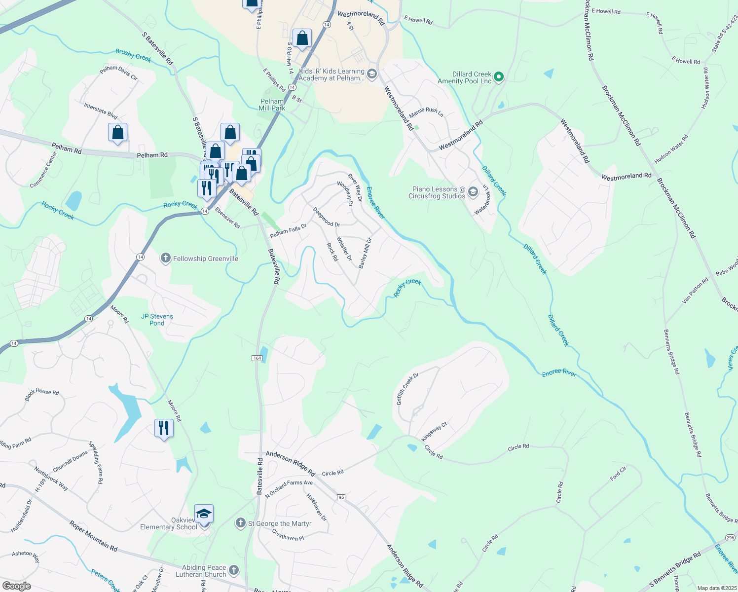 map of restaurants, bars, coffee shops, grocery stores, and more near 101 Shoals Road in Greer