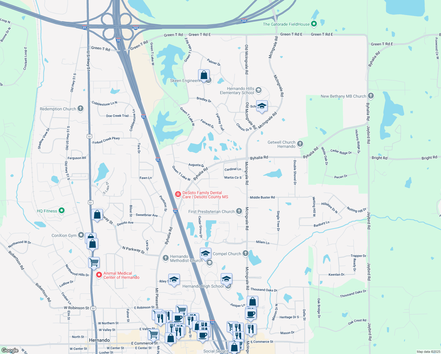 map of restaurants, bars, coffee shops, grocery stores, and more near 778 Rowan Oak Place in Hernando