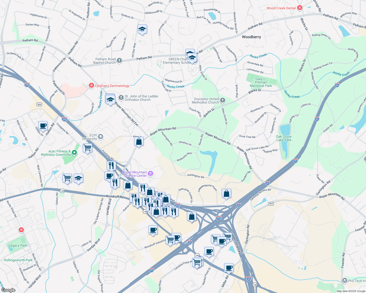 map of restaurants, bars, coffee shops, grocery stores, and more near 4 Stratton Place in Greenville