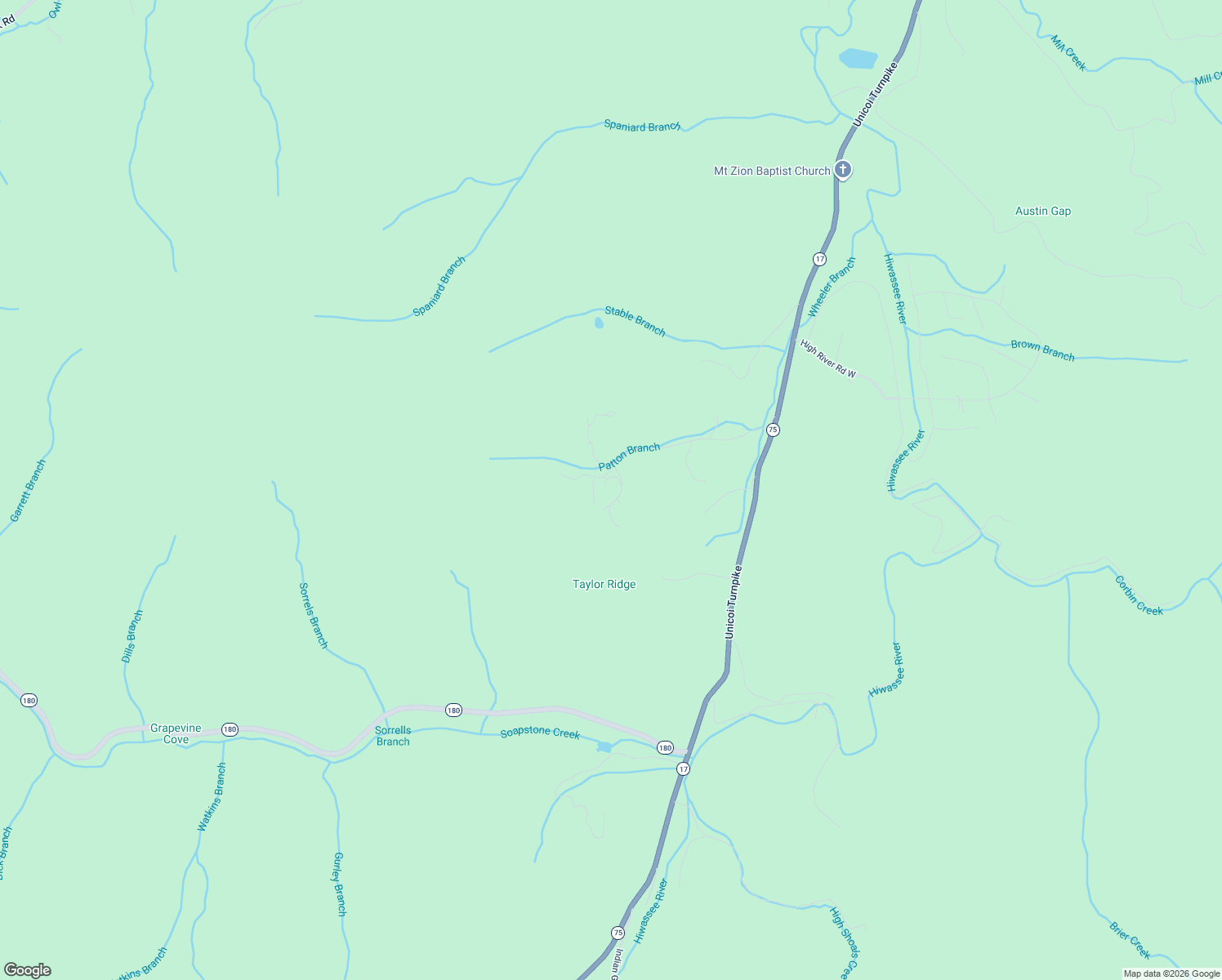 map of restaurants, bars, coffee shops, grocery stores, and more near 1275 Taylor Road in Hiawassee