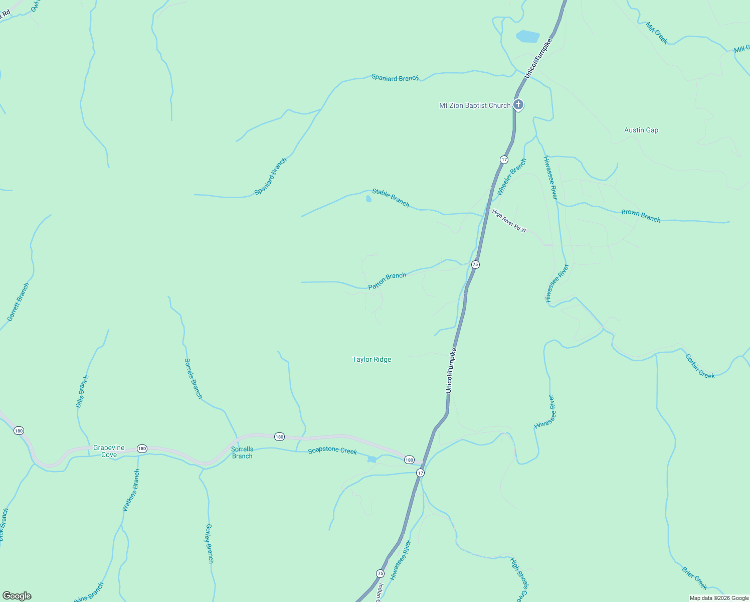 map of restaurants, bars, coffee shops, grocery stores, and more near 1275 Taylor Road in Hiawassee
