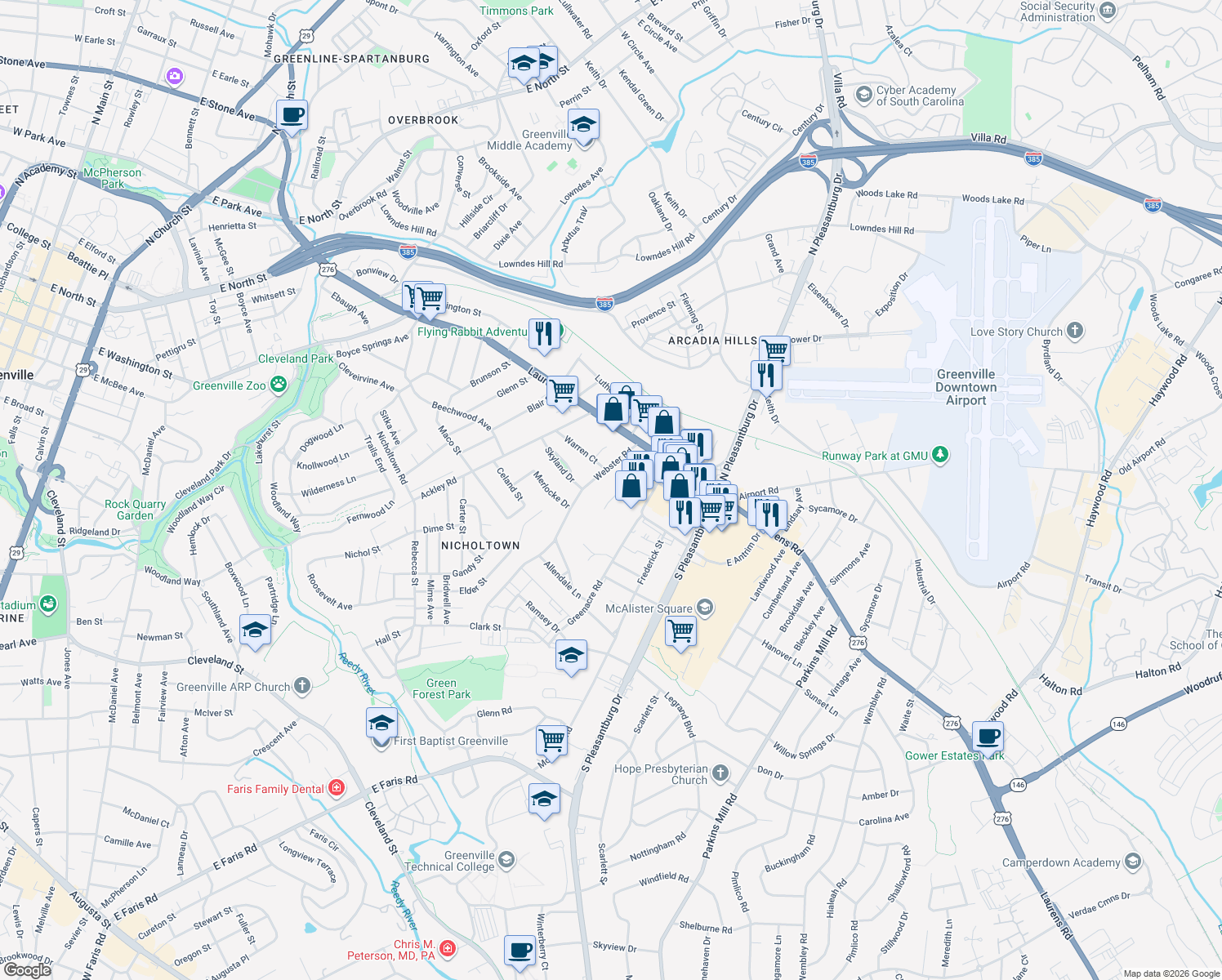 map of restaurants, bars, coffee shops, grocery stores, and more near 20 Dale Dr in Greenville