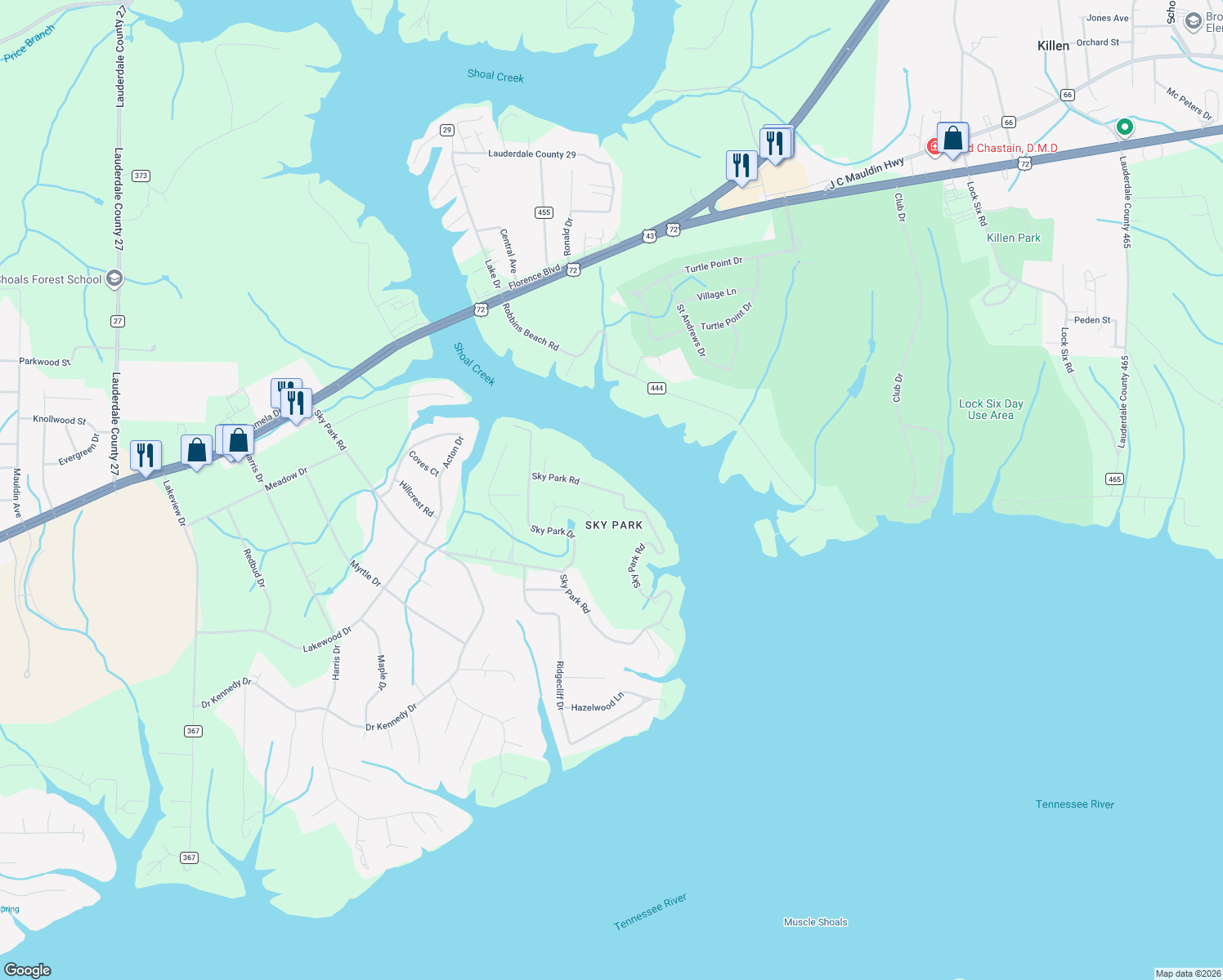 map of restaurants, bars, coffee shops, grocery stores, and more near 1835-2319 Sky Park Road in Florence