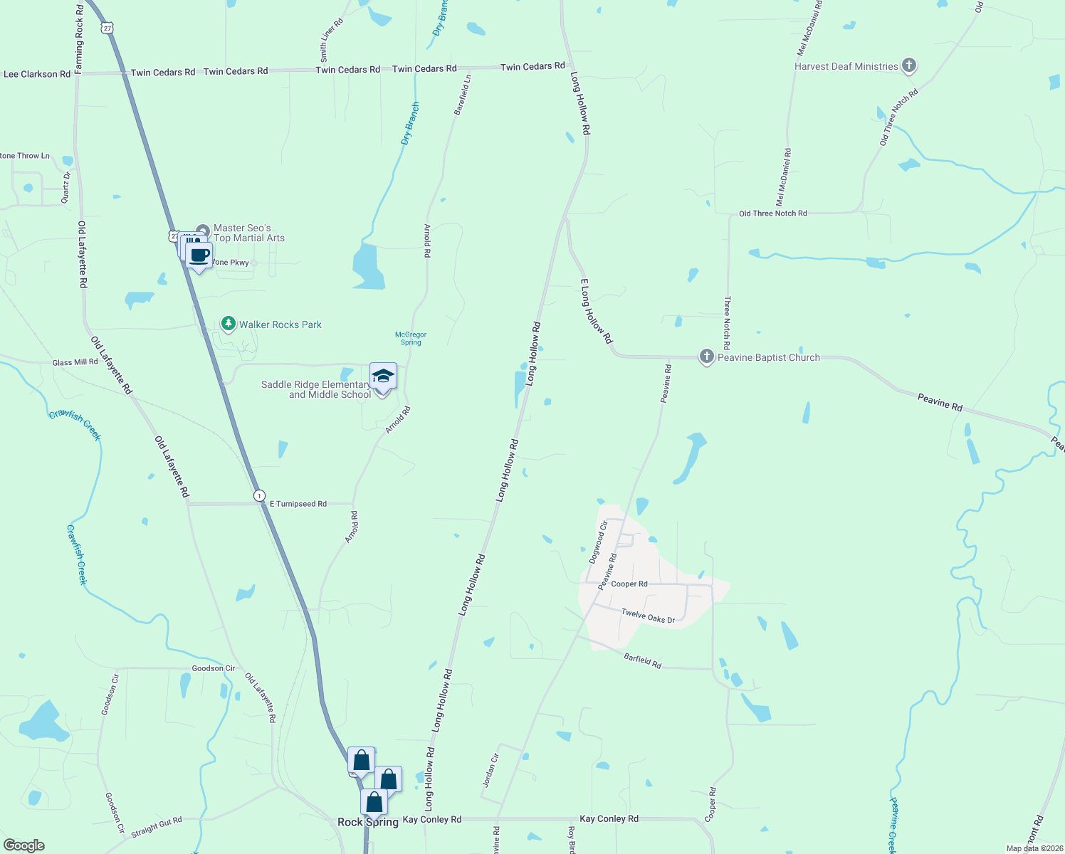 map of restaurants, bars, coffee shops, grocery stores, and more near 717 Long Hollow Road in Rock Springs