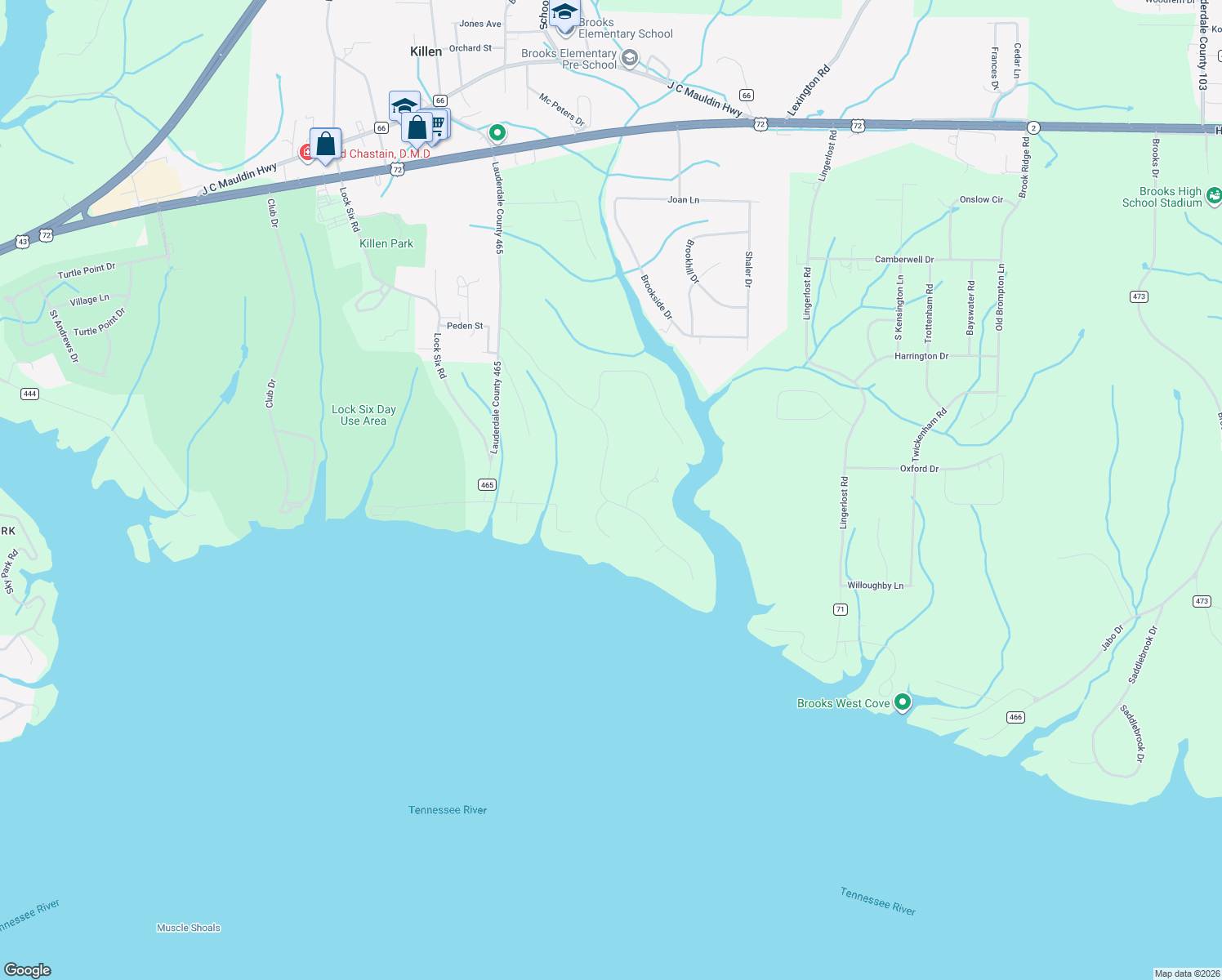 map of restaurants, bars, coffee shops, grocery stores, and more near Turtle Cove Road in Killen