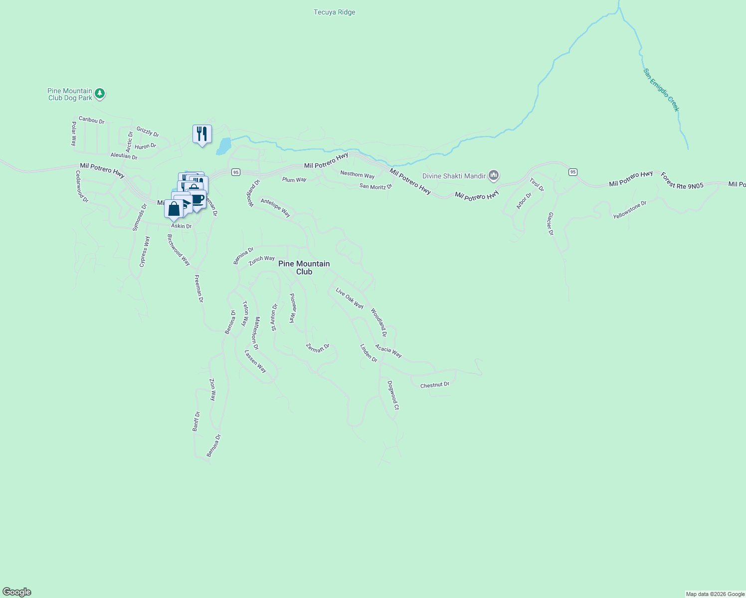 map of restaurants, bars, coffee shops, grocery stores, and more near 2016 Woodland Drive in Pine Mountain Club