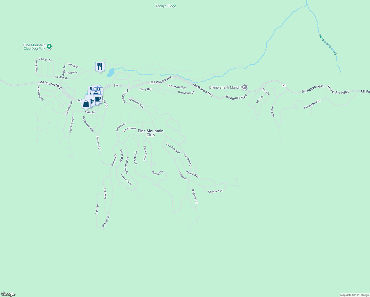 map of restaurants, bars, coffee shops, grocery stores, and more near 2016 Woodland Drive in Pine Mountain Club