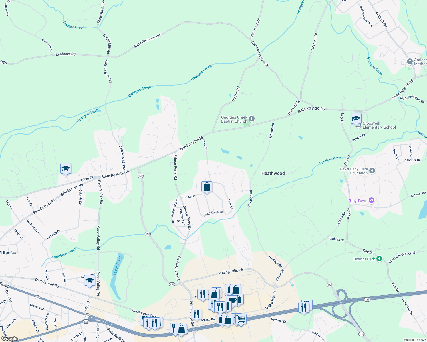 map of restaurants, bars, coffee shops, grocery stores, and more near 107 Crest Way in Easley