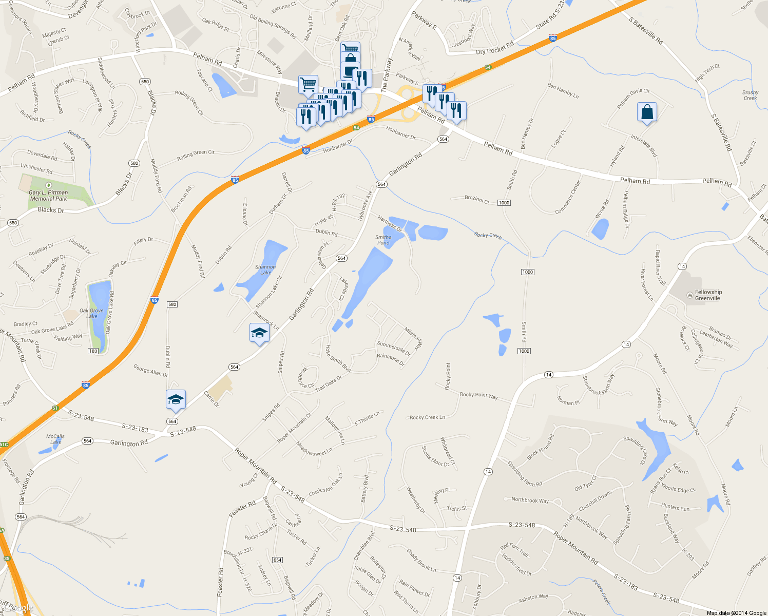 map of restaurants, bars, coffee shops, grocery stores, and more near 103 Milstead Way in Greenville