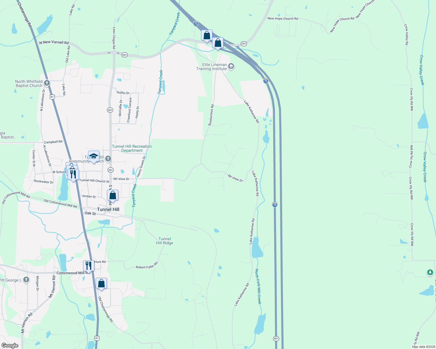 map of restaurants, bars, coffee shops, grocery stores, and more near 633 Mount View Drive in Tunnel Hill