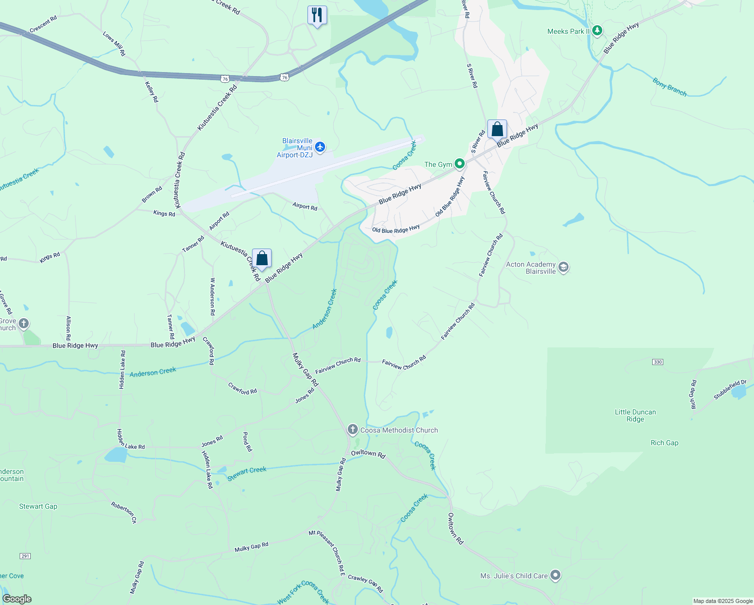 map of restaurants, bars, coffee shops, grocery stores, and more near 49 Mountain Vista Road in Blairsville