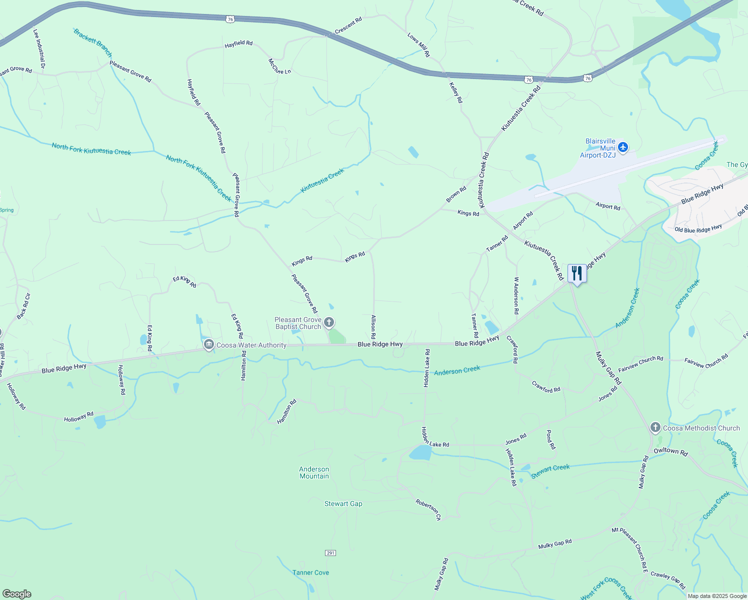 map of restaurants, bars, coffee shops, grocery stores, and more near Allison Road in Blairsville