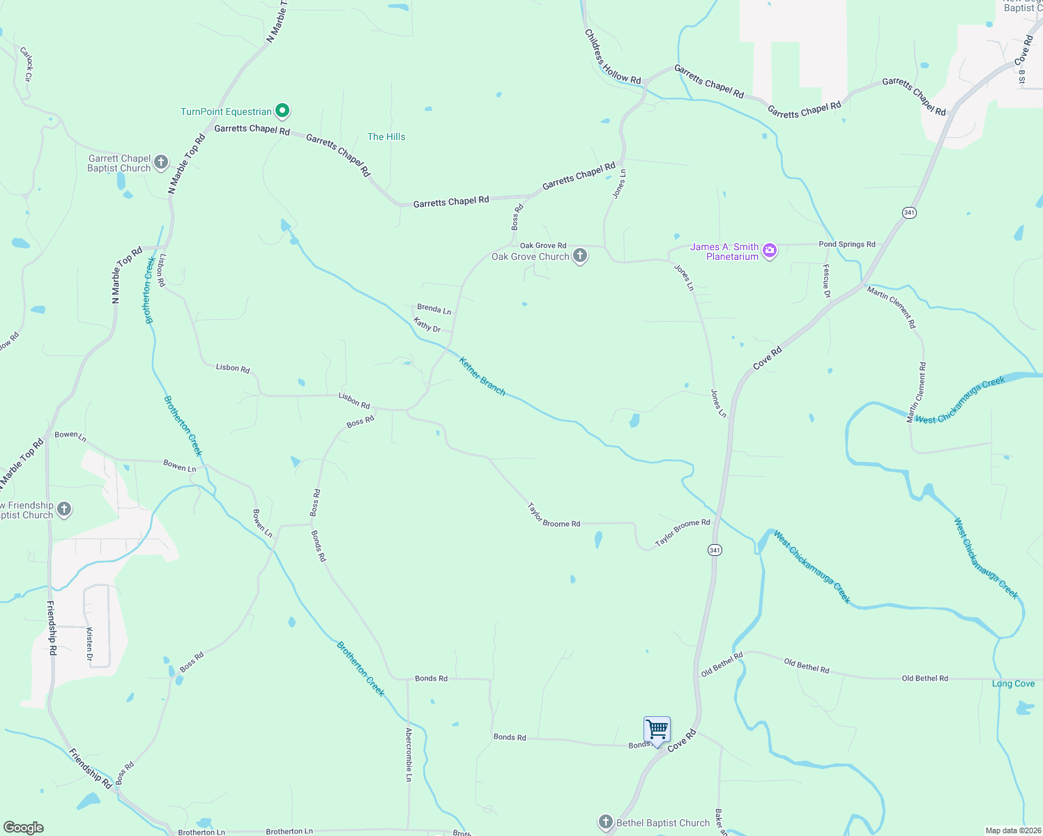 map of restaurants, bars, coffee shops, grocery stores, and more near 1072 Taylor Broome Road in Chickamauga
