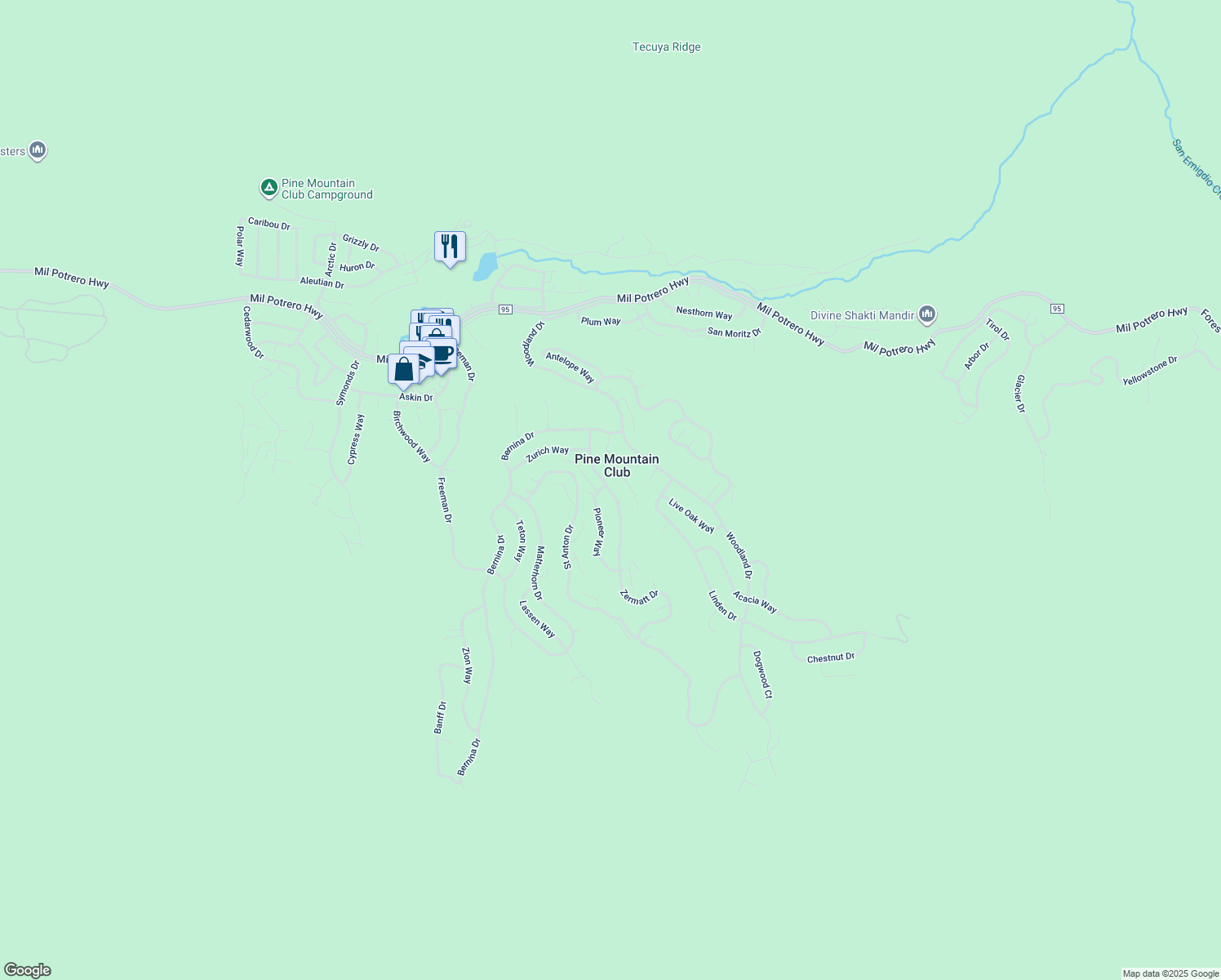map of restaurants, bars, coffee shops, grocery stores, and more near 2100 Zermatt Dr in Frazier Park