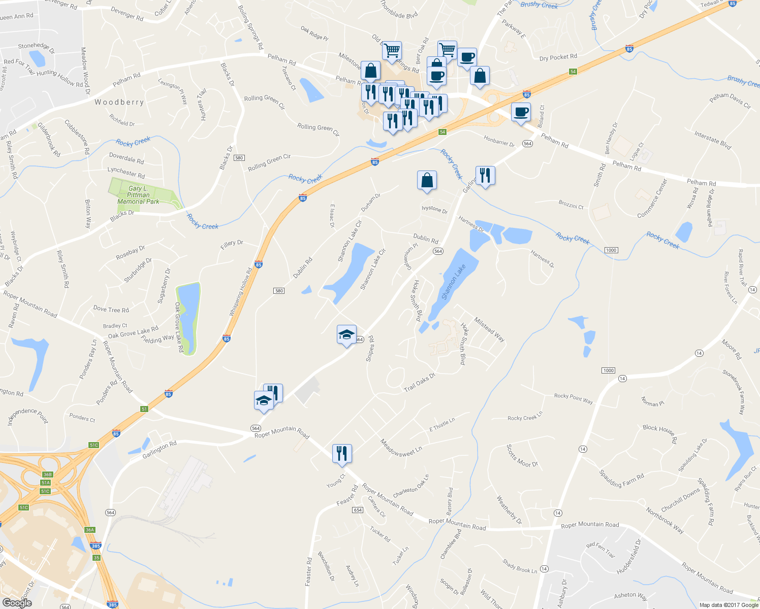 map of restaurants, bars, coffee shops, grocery stores, and more near 1013 Garlington Road in Greenville