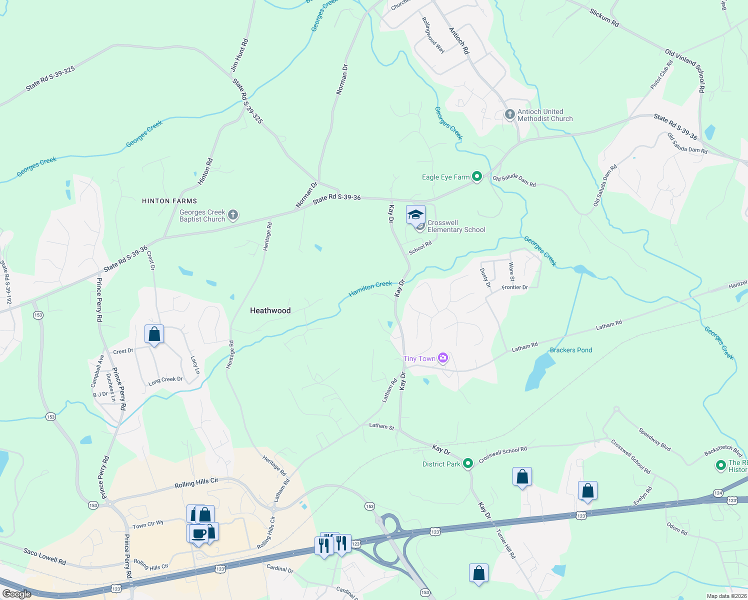 map of restaurants, bars, coffee shops, grocery stores, and more near 575 Kay Drive in Easley