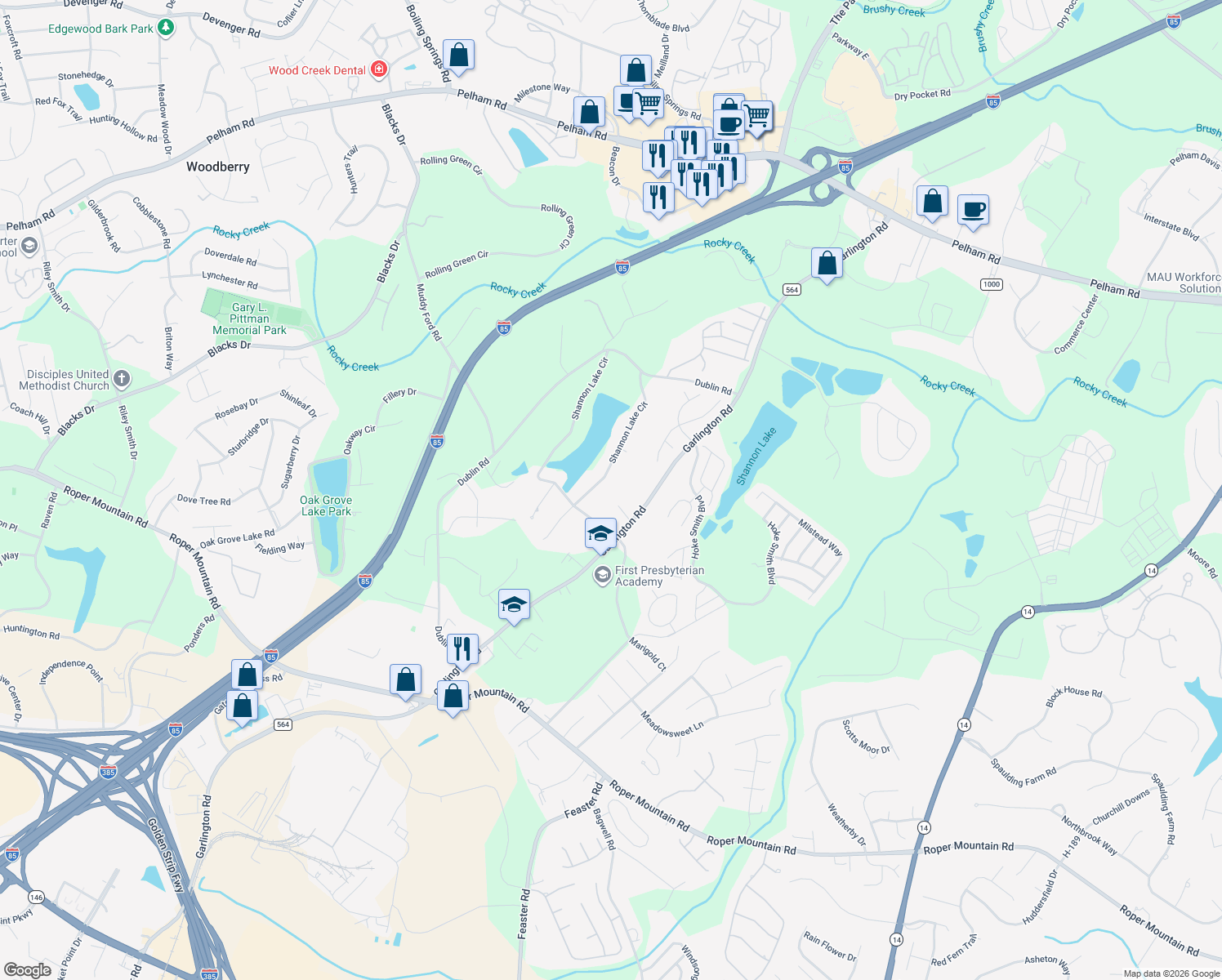 map of restaurants, bars, coffee shops, grocery stores, and more near 131 Shannon Lake Circle in Greenville