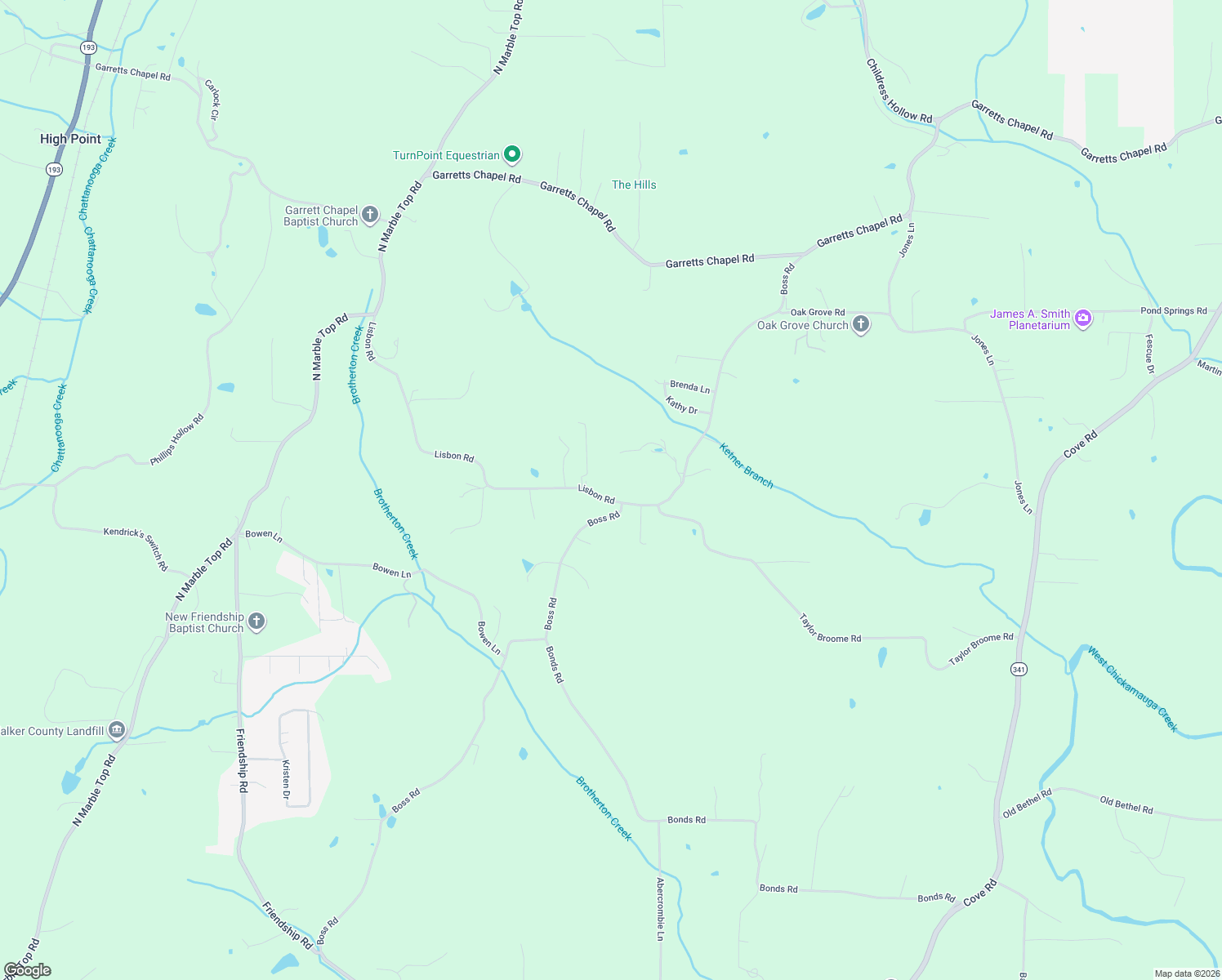 map of restaurants, bars, coffee shops, grocery stores, and more near 74 Lisbon Road in Chickamauga