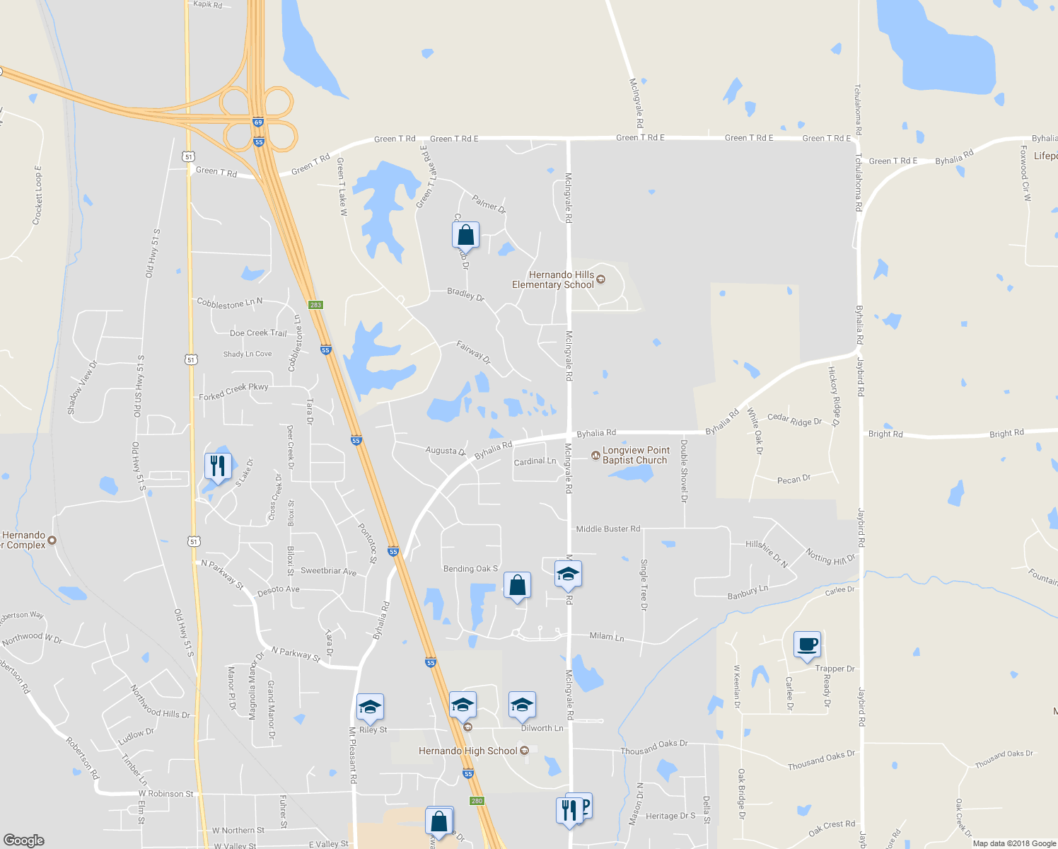 map of restaurants, bars, coffee shops, grocery stores, and more near 976 Eagle Ridge Cove in Hernando