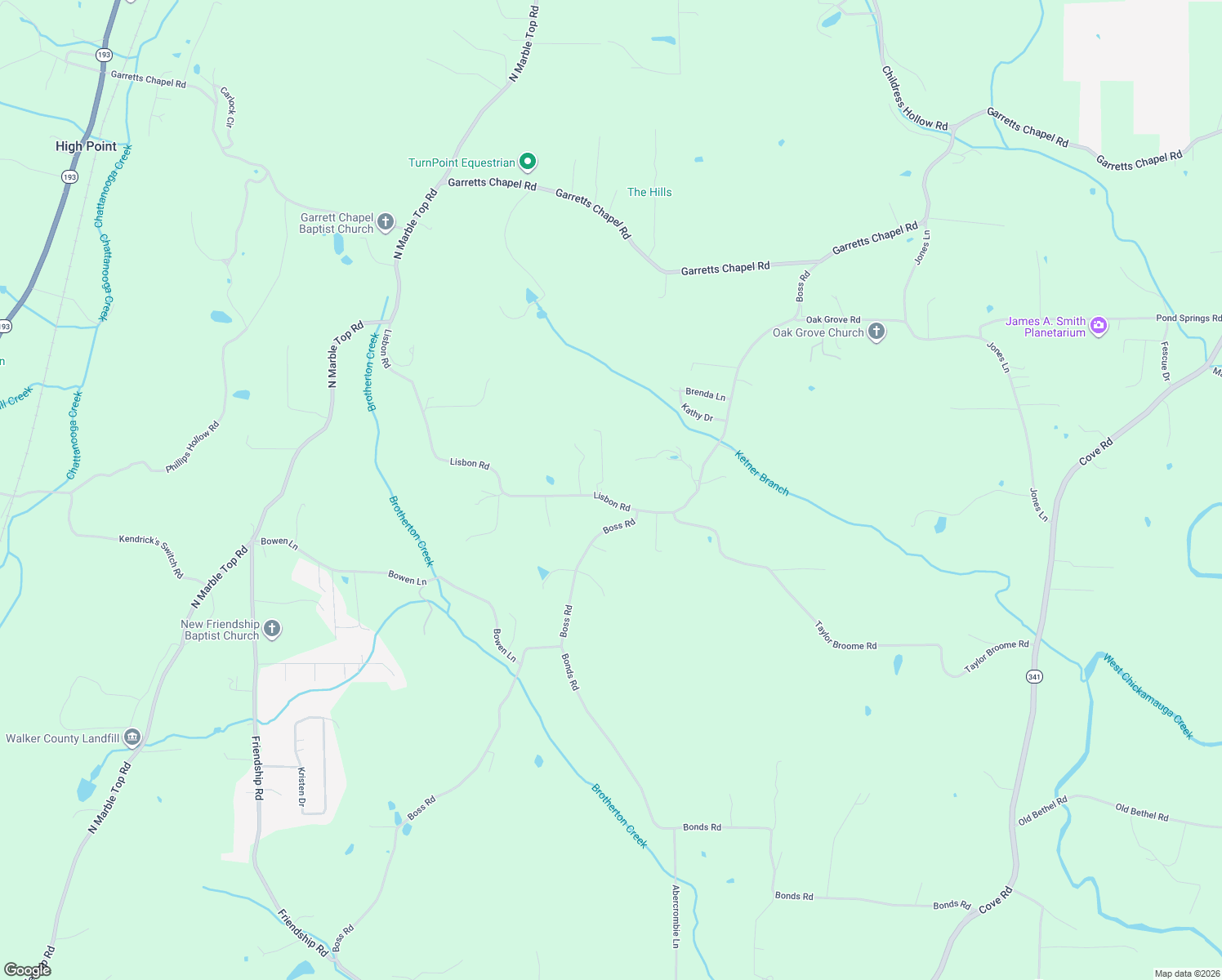 map of restaurants, bars, coffee shops, grocery stores, and more near 74 Lisbon Road in Chickamauga