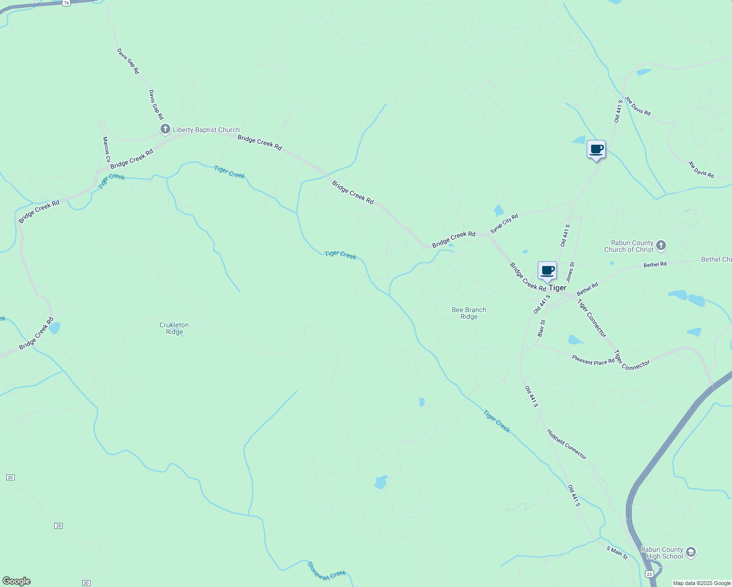 map of restaurants, bars, coffee shops, grocery stores, and more near 65 Redwood Lane in Tiger