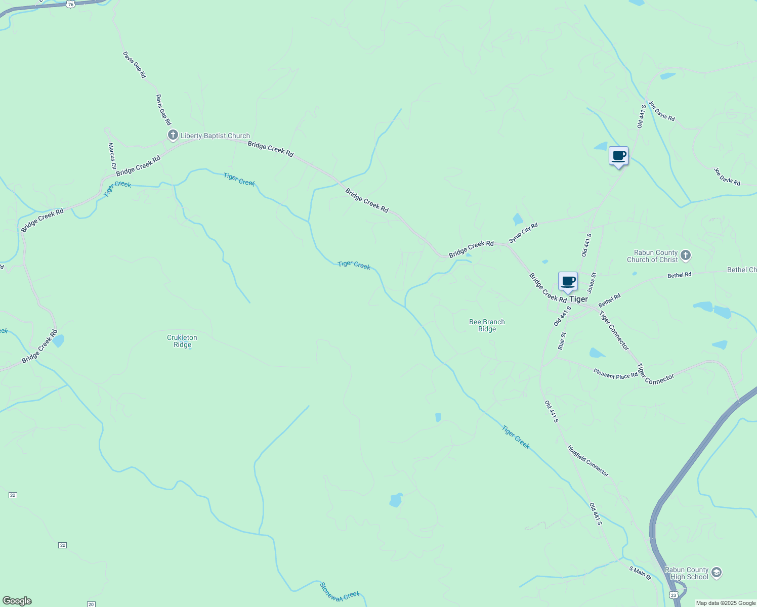 map of restaurants, bars, coffee shops, grocery stores, and more near 65 Redwood Lane in Tiger