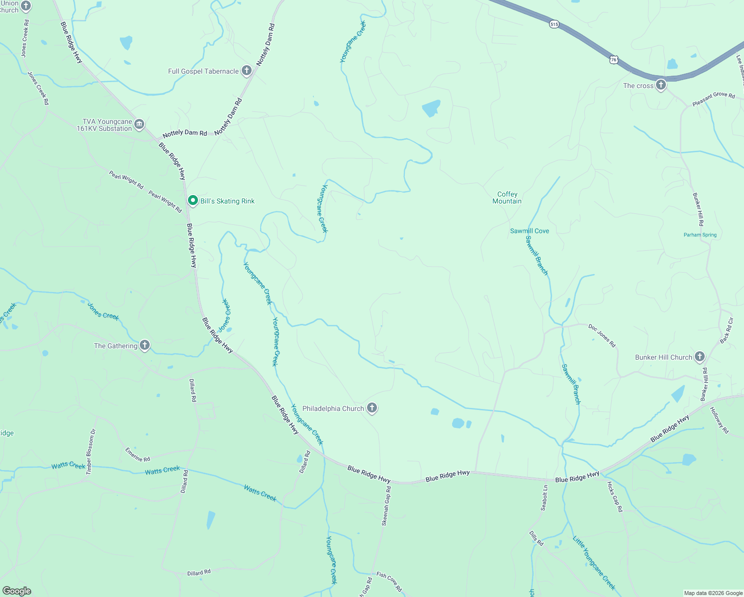 map of restaurants, bars, coffee shops, grocery stores, and more near 2110 Coffee Mountain Road in Blairsville