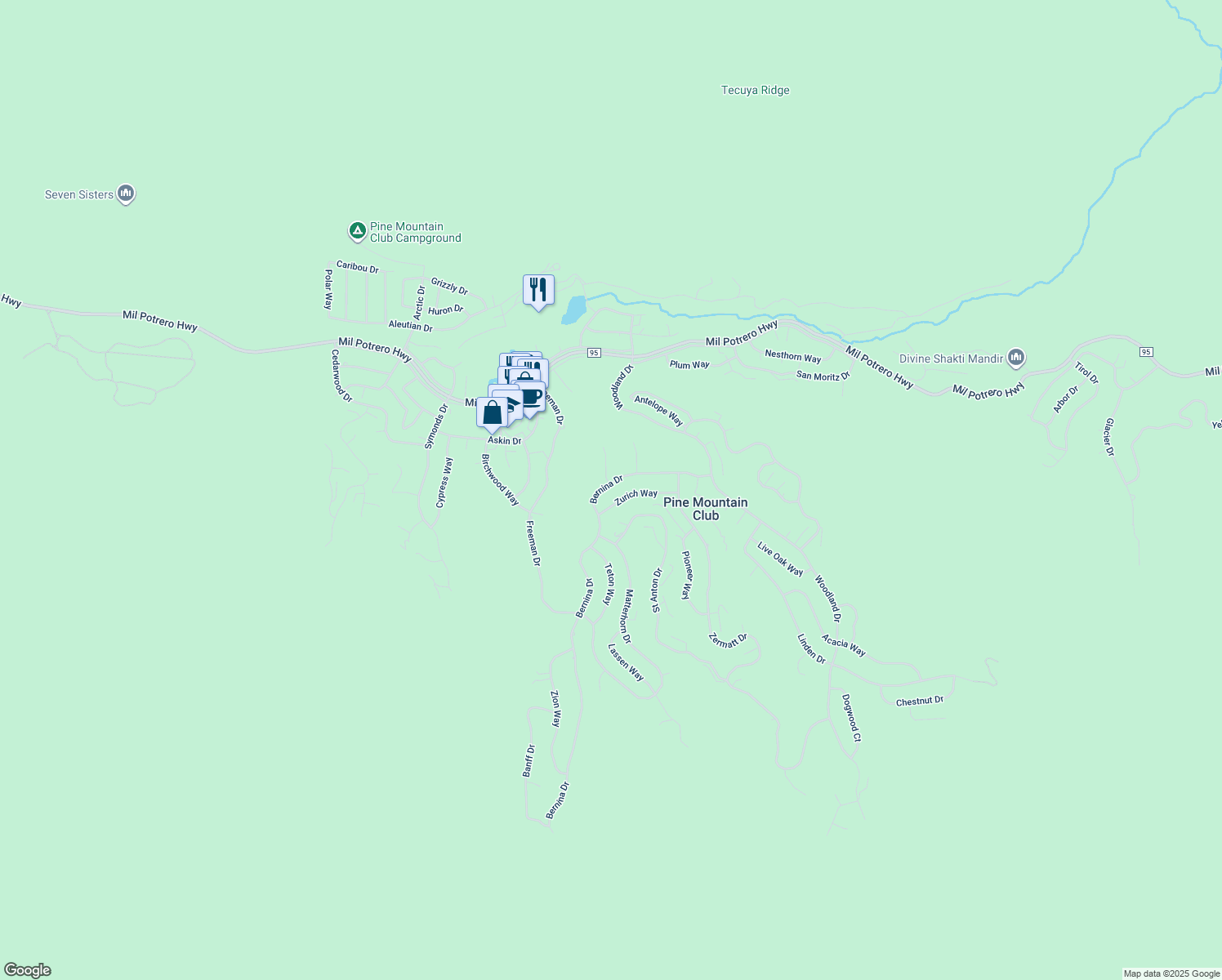 map of restaurants, bars, coffee shops, grocery stores, and more near 2208 Bernina Drive in Pine Mountain Club