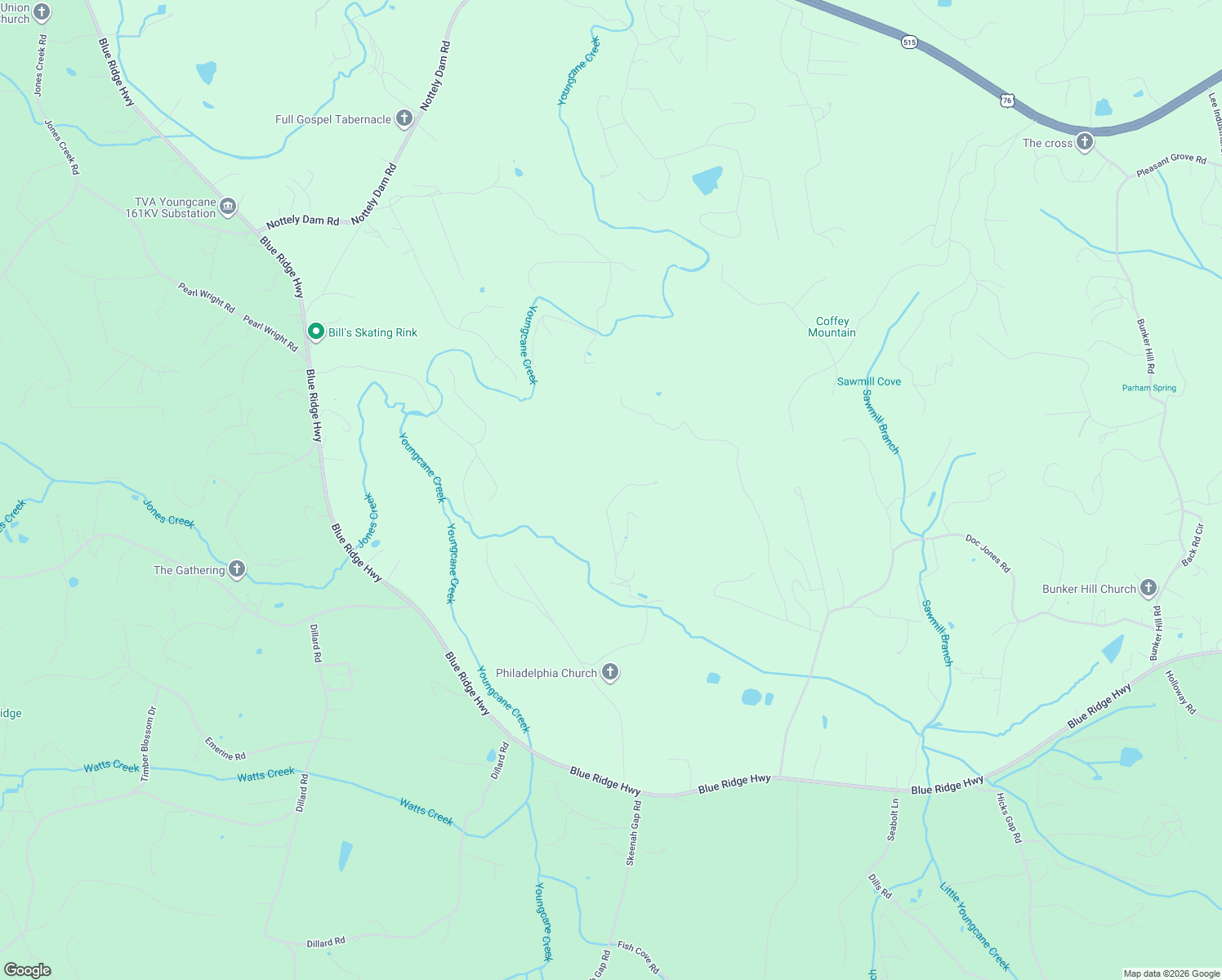 map of restaurants, bars, coffee shops, grocery stores, and more near 2110 Coffee Mountain Road in Blairsville