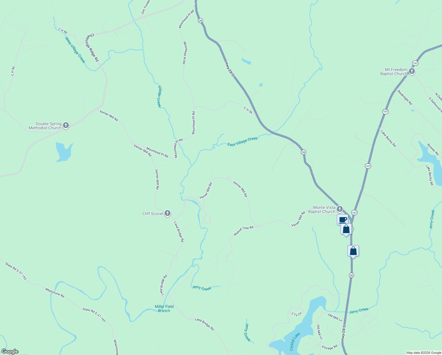 map of restaurants, bars, coffee shops, grocery stores, and more near Verner Mill Road in Mountain Rest