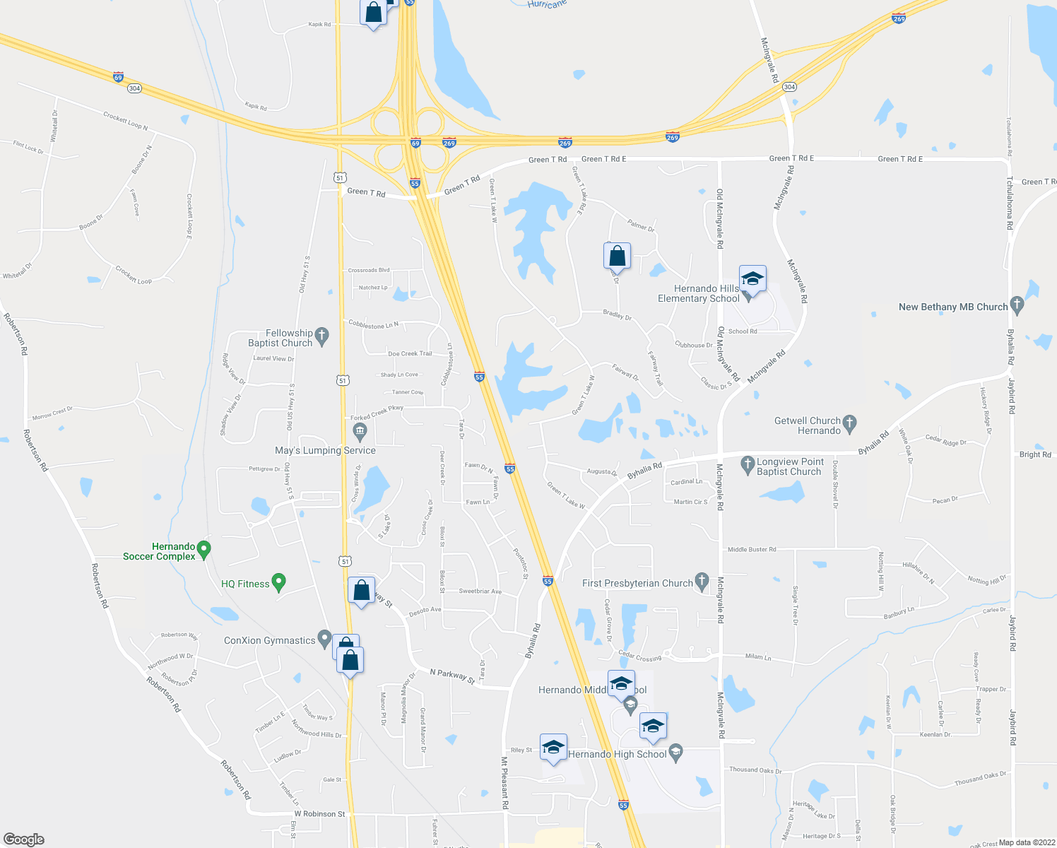 map of restaurants, bars, coffee shops, grocery stores, and more near 1011 Pointer Cove in Hernando