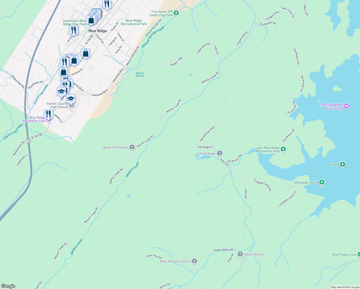 map of restaurants, bars, coffee shops, grocery stores, and more near 355 Mountain Ridge Road in Blue Ridge