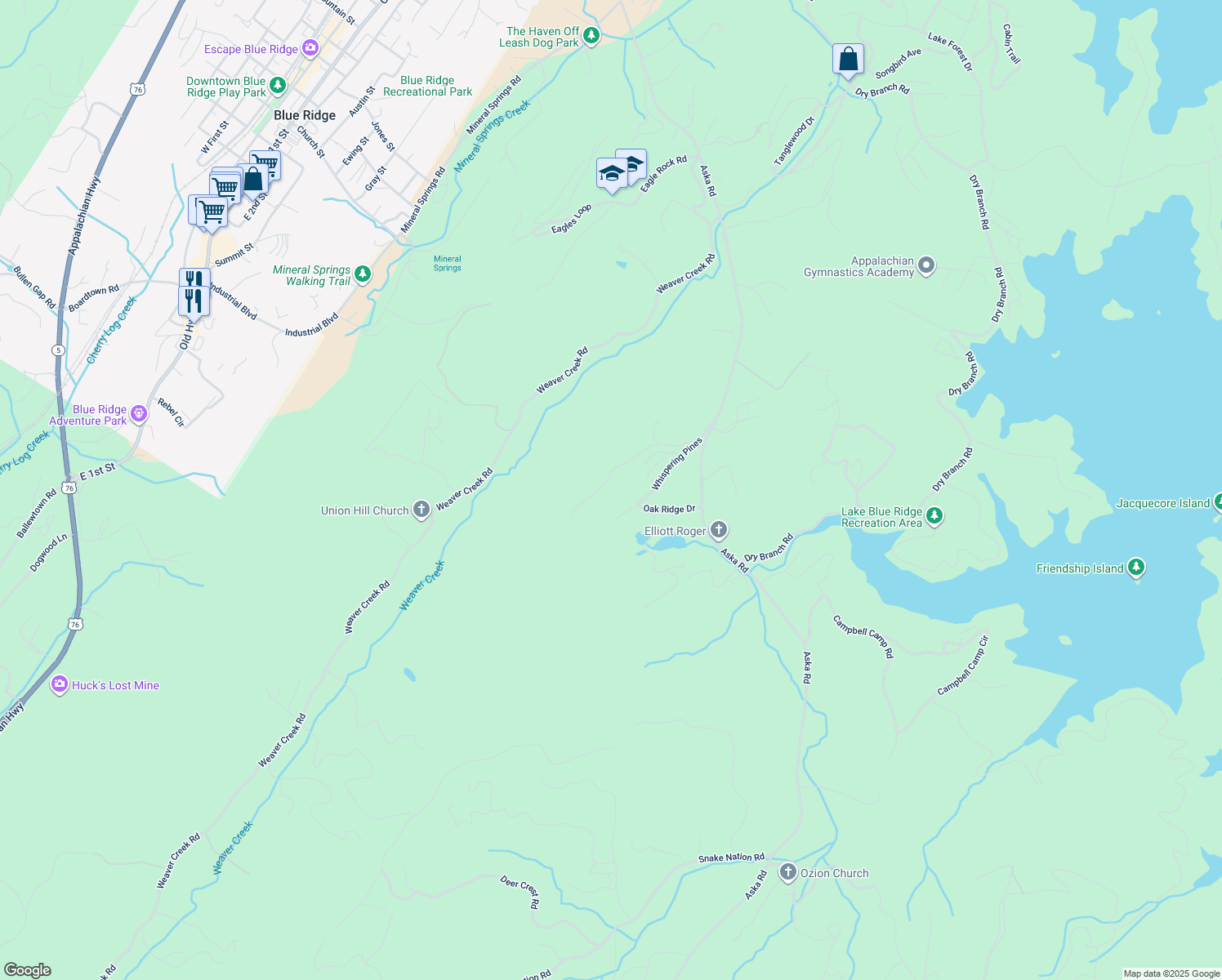 map of restaurants, bars, coffee shops, grocery stores, and more near 325 Mountain Ridge in Blue Ridge