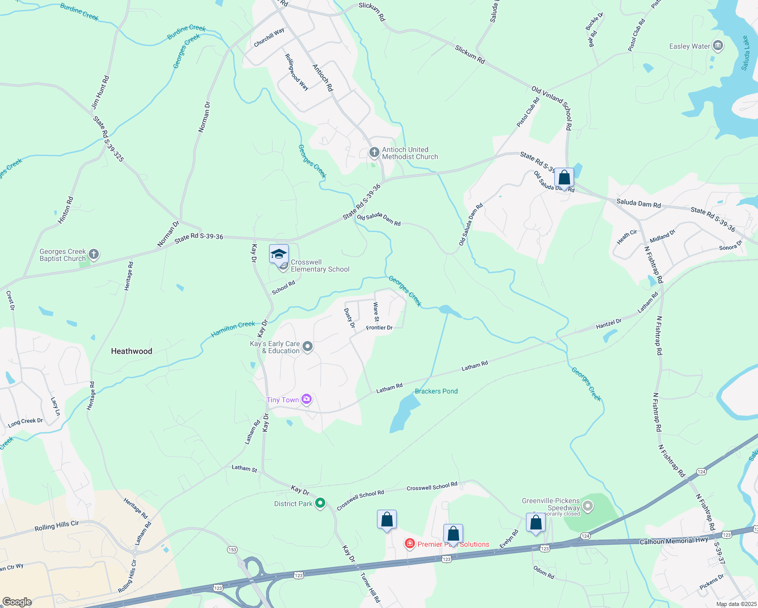 map of restaurants, bars, coffee shops, grocery stores, and more near 122 Ware Street in Easley