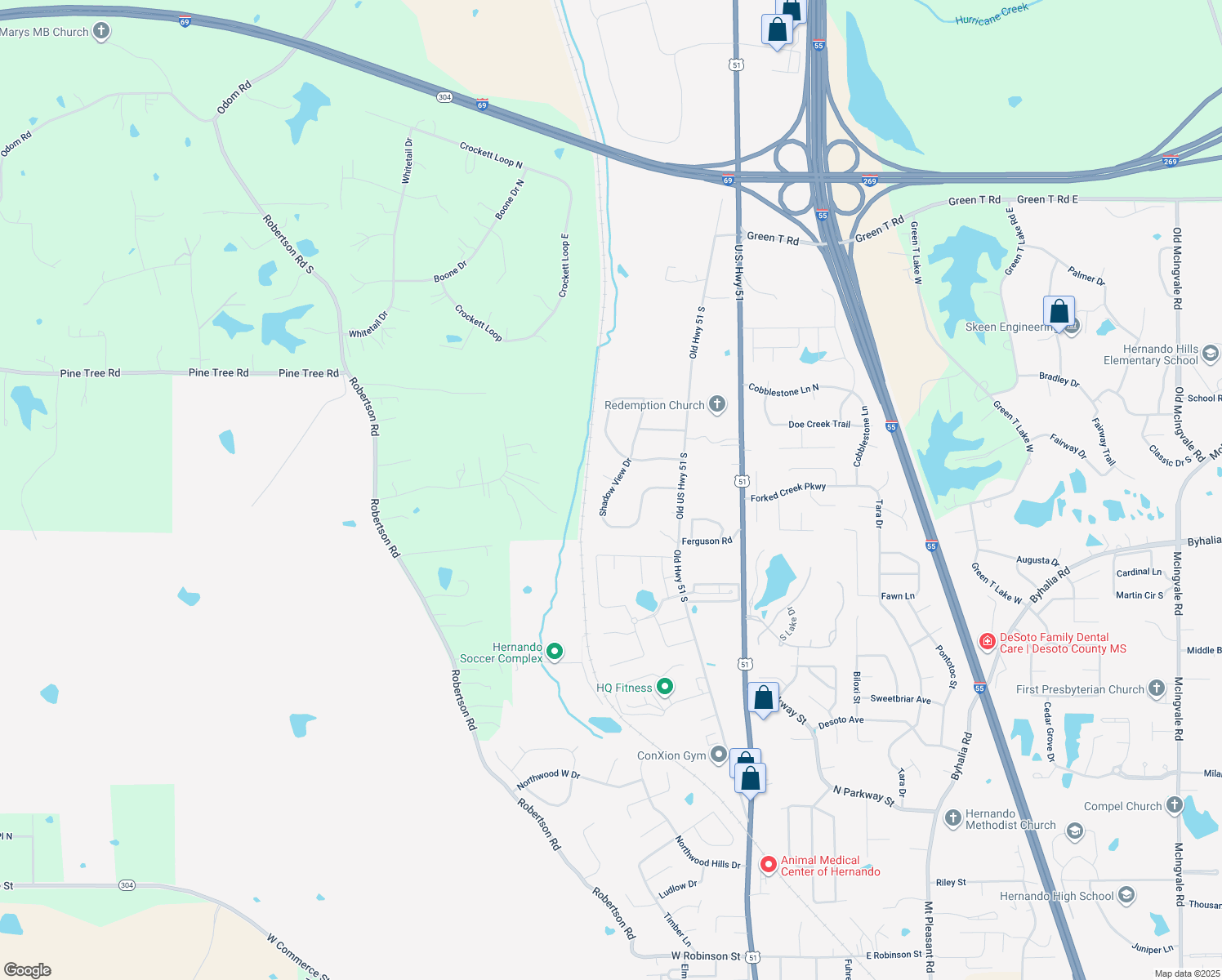 map of restaurants, bars, coffee shops, grocery stores, and more near 927 Shadow View Drive in Hernando