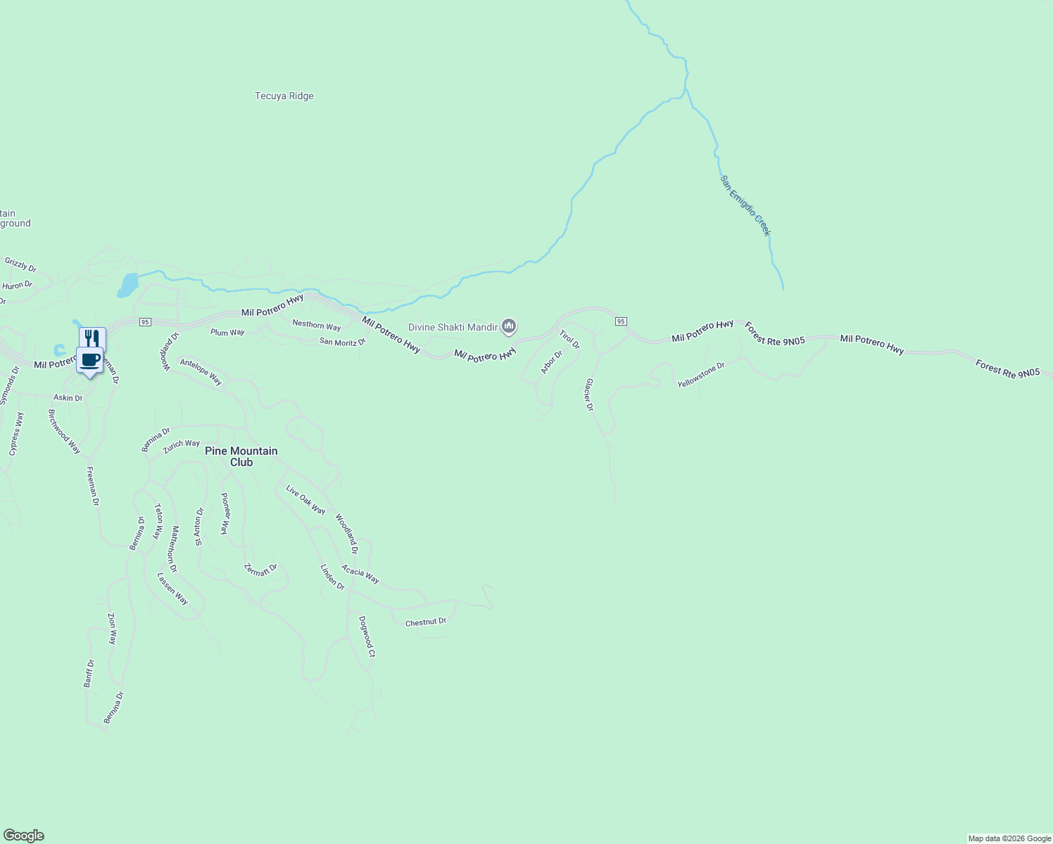 map of restaurants, bars, coffee shops, grocery stores, and more near 2212 Tirol Drive in Frazier Park