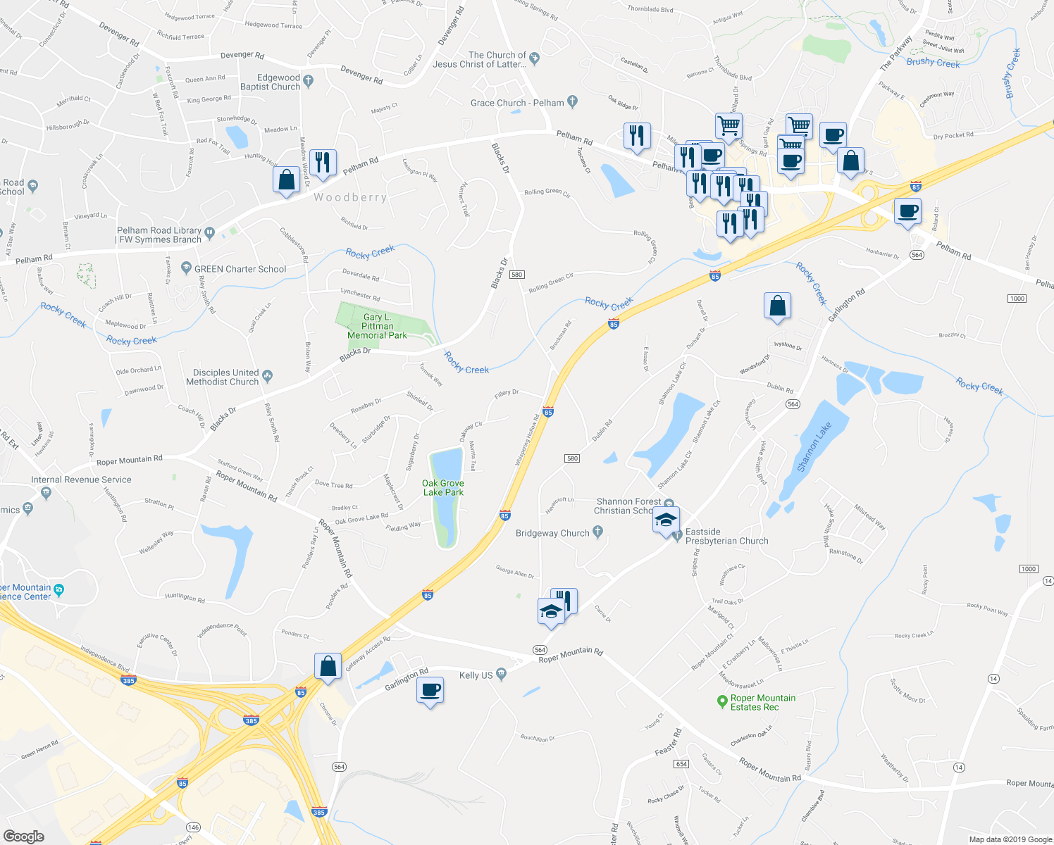 map of restaurants, bars, coffee shops, grocery stores, and more near 110 Whispering Hollow Road in Greenville