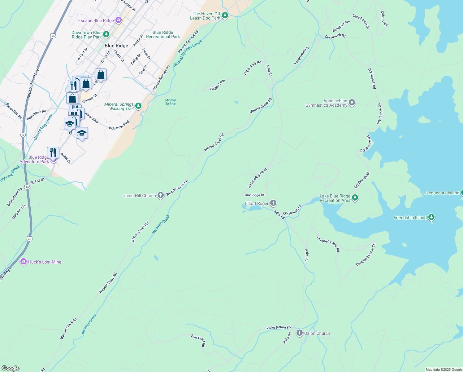 map of restaurants, bars, coffee shops, grocery stores, and more near 325 Mountain Ridge in Blue Ridge