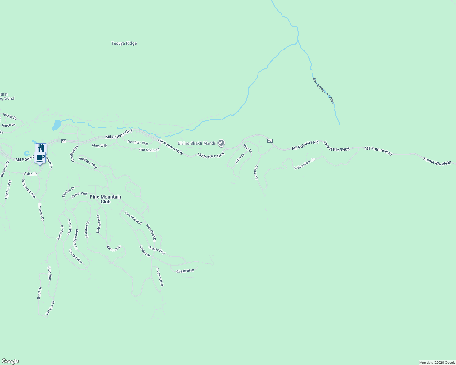 map of restaurants, bars, coffee shops, grocery stores, and more near 2212 Tirol Drive in Frazier Park