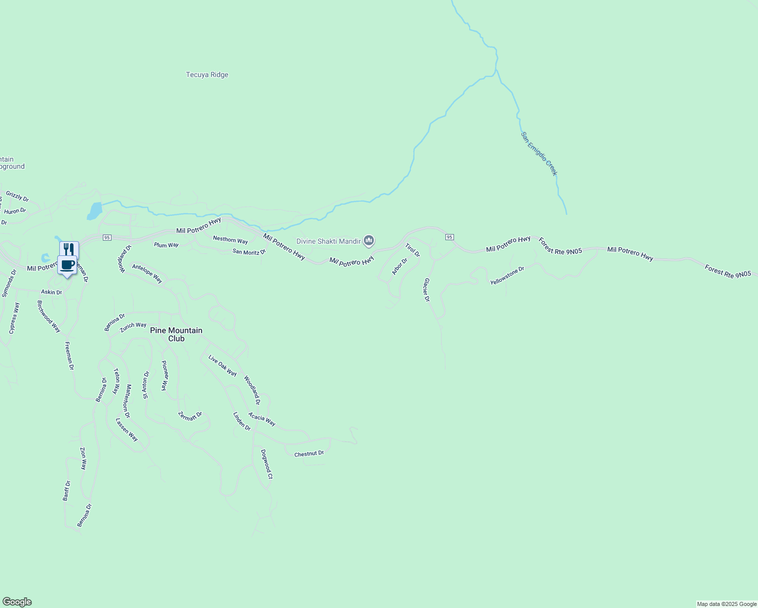 map of restaurants, bars, coffee shops, grocery stores, and more near 2204 Tirol Drive in Frazier Park