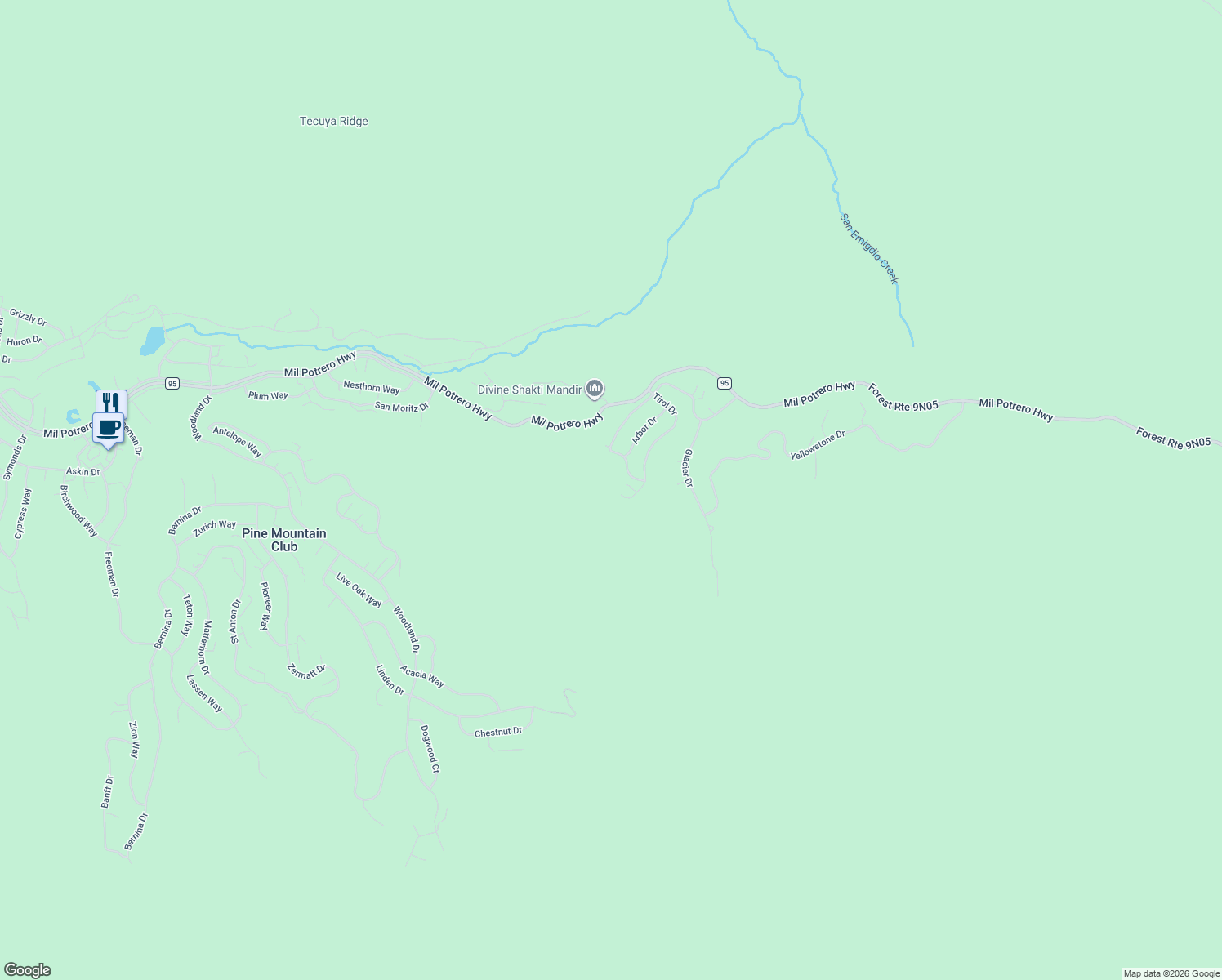 map of restaurants, bars, coffee shops, grocery stores, and more near 2204 Tirol Drive in Frazier Park